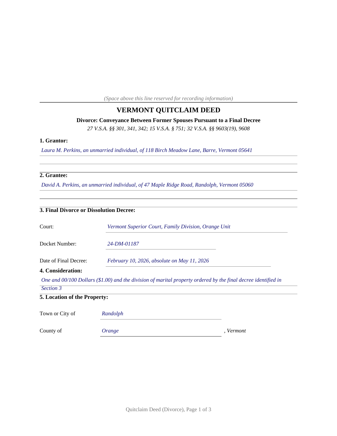 Orange County Completed Example of the Quitclaim Deed (Divorce) Document