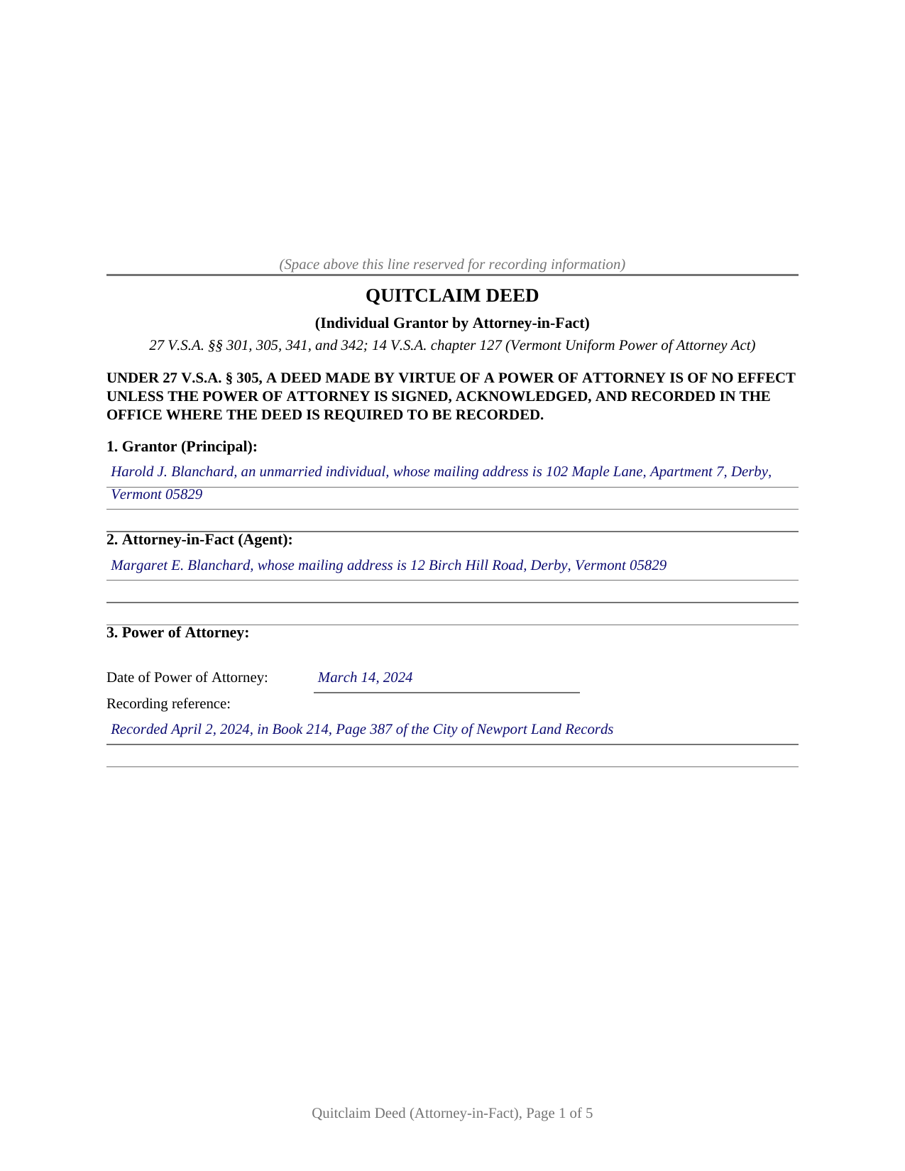 Essex County Completed Example of the Quitclaim Deed (Individual Grantor by Attorney-in-Fact) Document