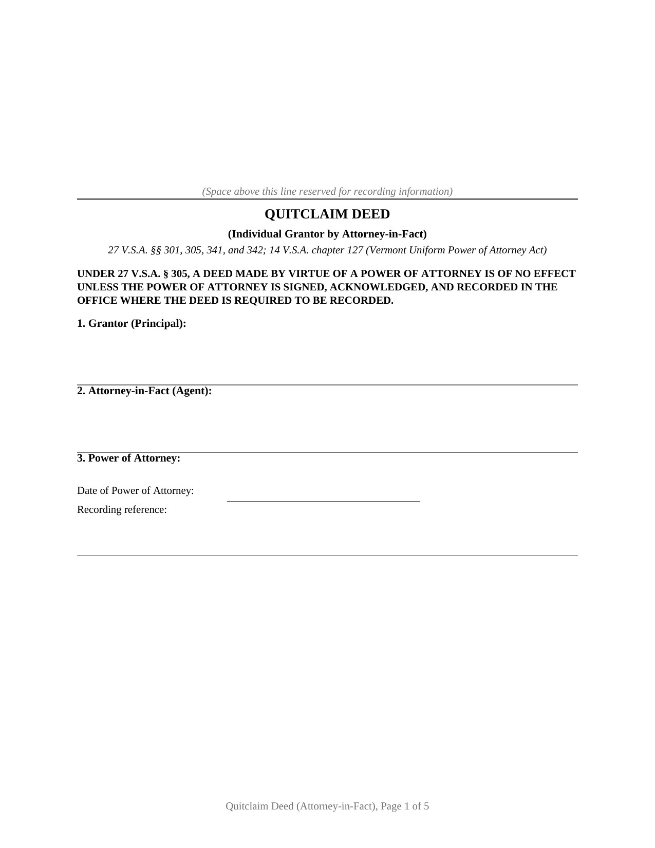 Essex County Quitclaim Deed (Individual Grantor by Attorney-in-Fact) Form