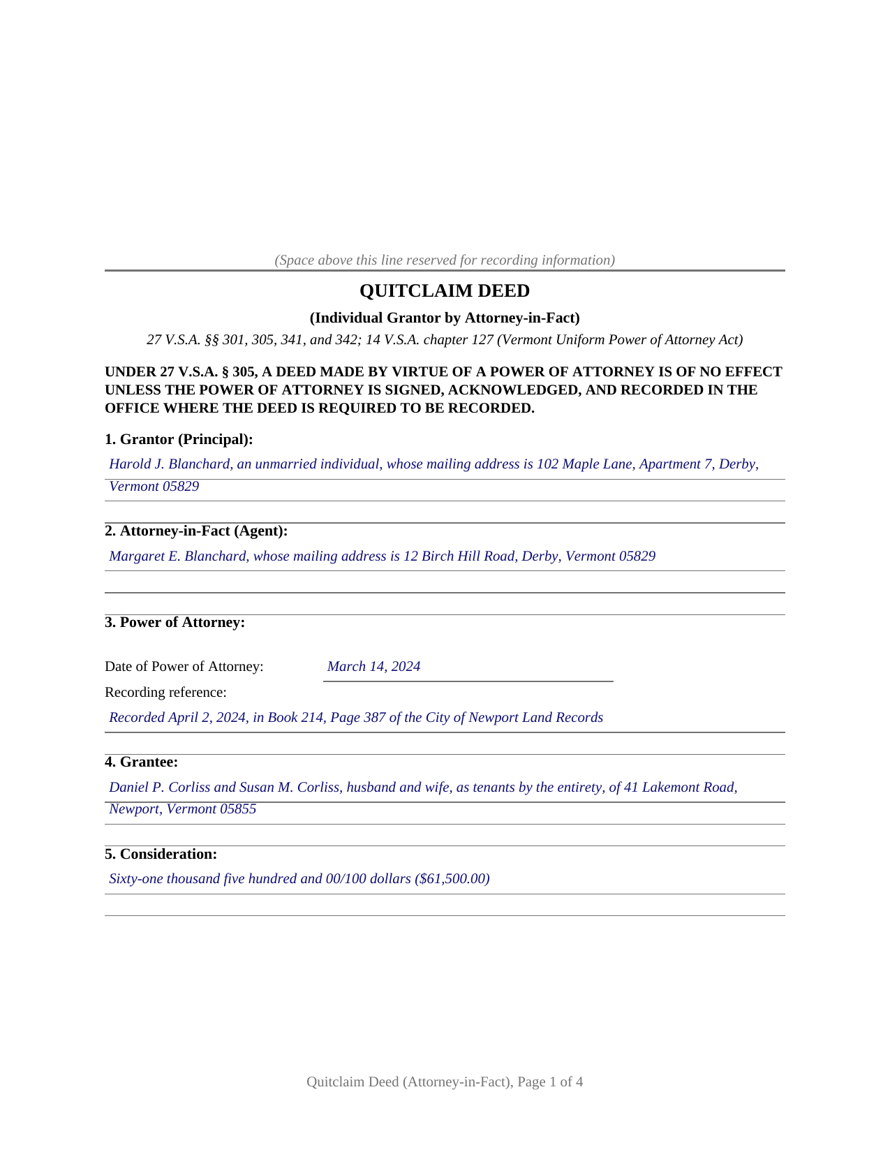 Chittenden County Completed Example of the Quitclaim Deed (Individual Grantor by Attorney-in-Fact) Document