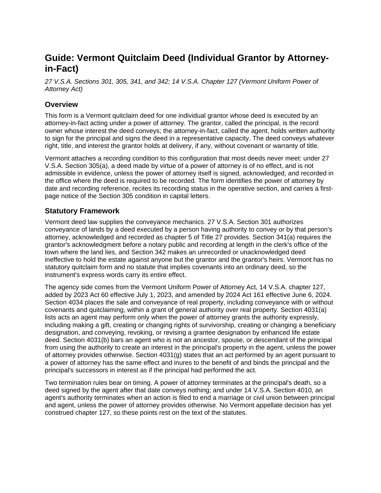 Chittenden County Quitclaim Deed (Individual Grantor by Attorney-in-Fact) Guide