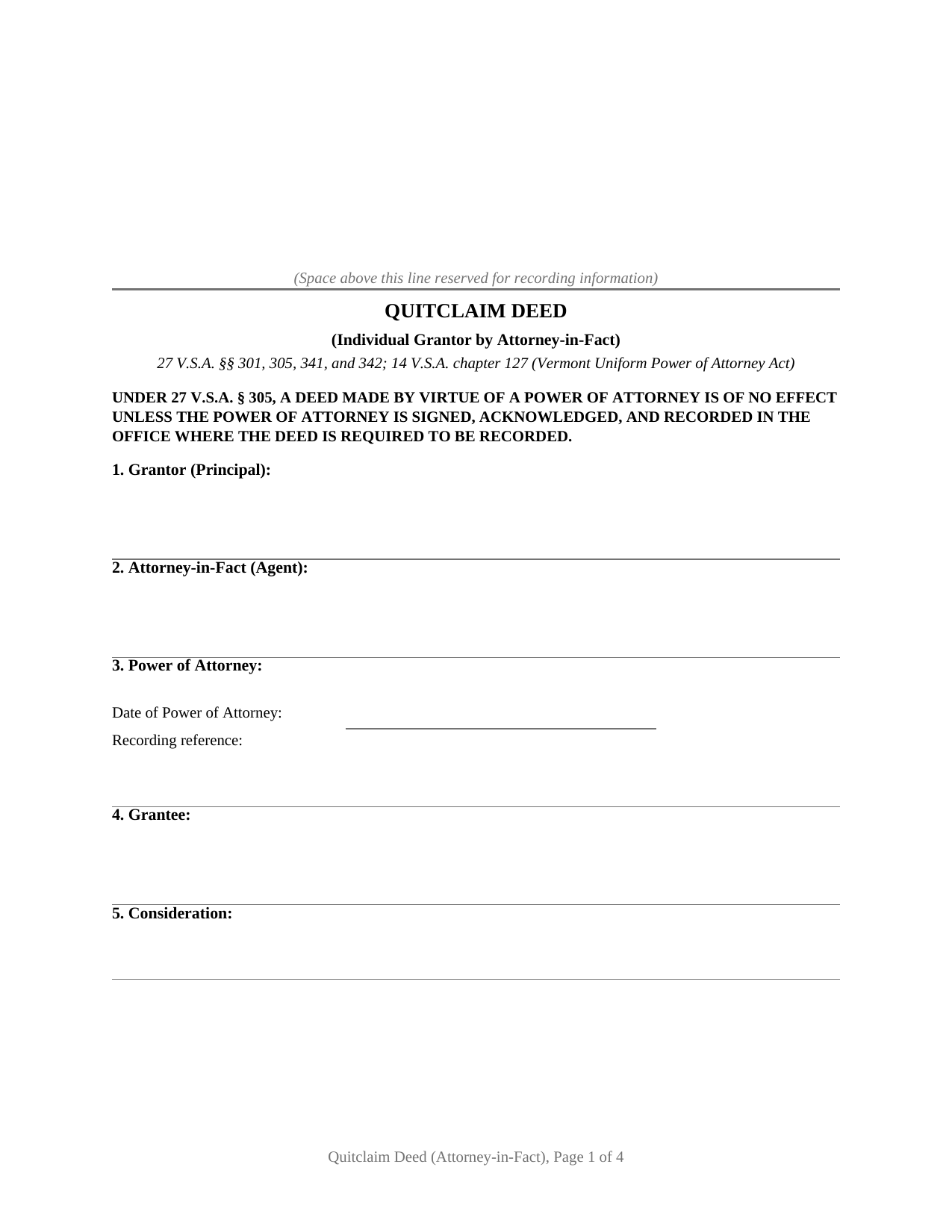 Chittenden County Quitclaim Deed (Individual Grantor by Attorney-in-Fact) Form