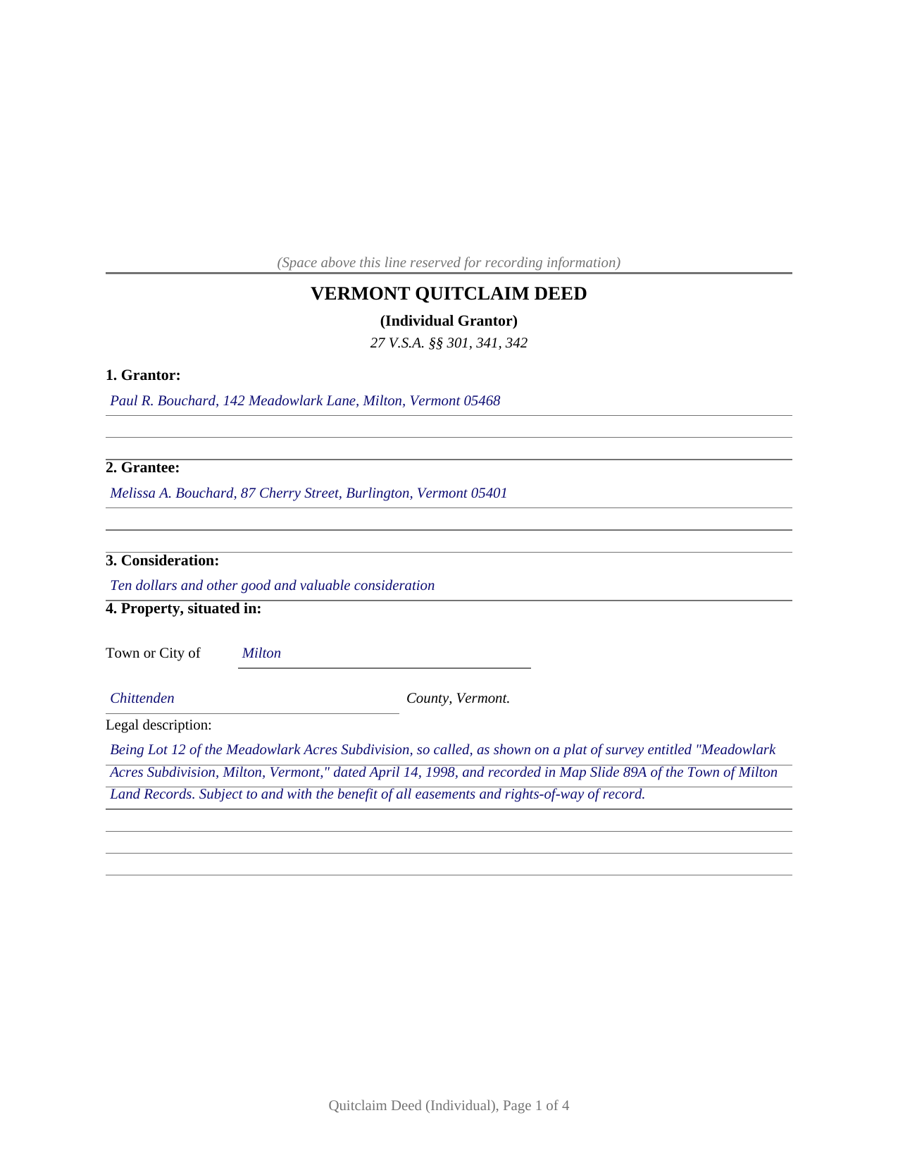 Essex County Completed Example of the Quitclaim Deed (Individual) Document