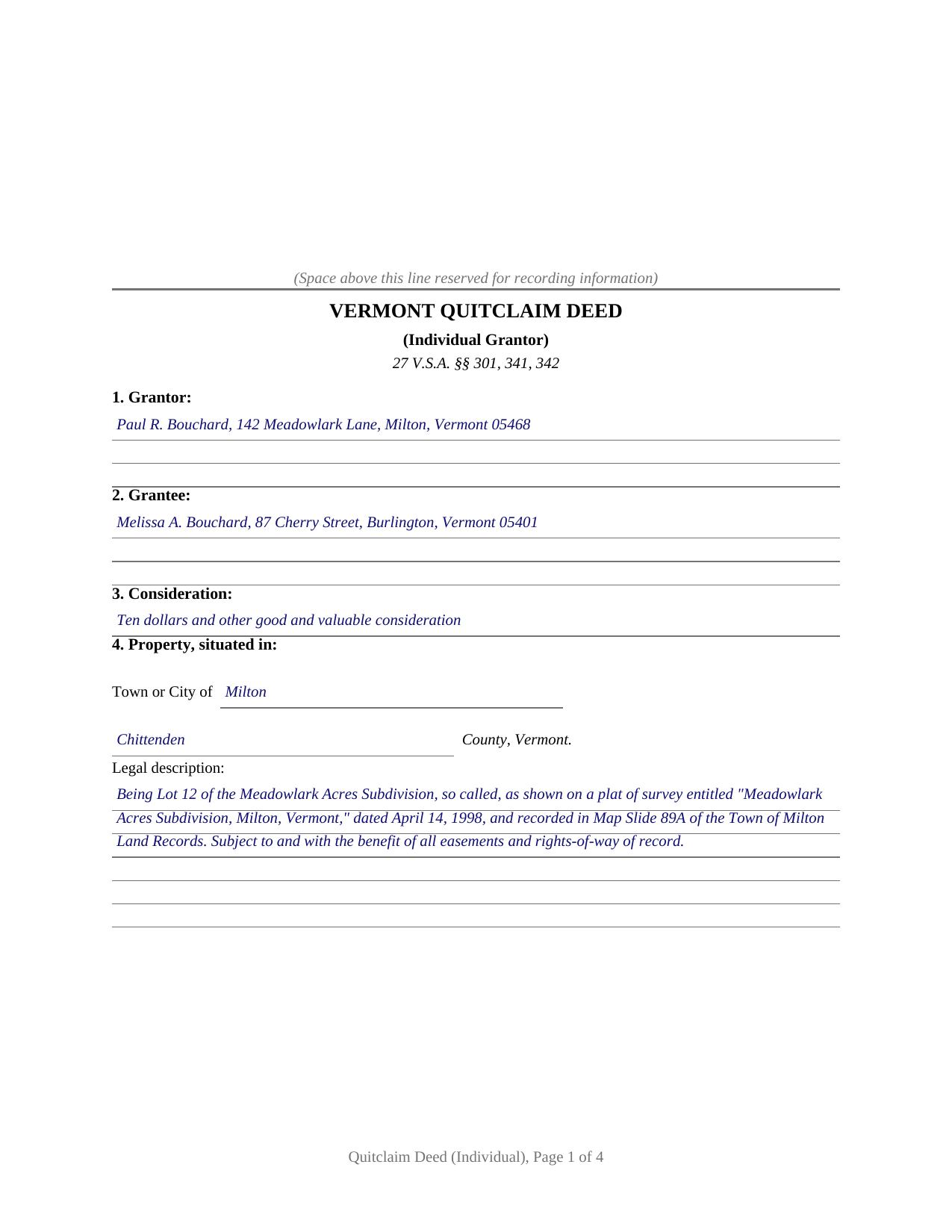 Orange County Completed Example of the Quitclaim Deed (Individual) Document