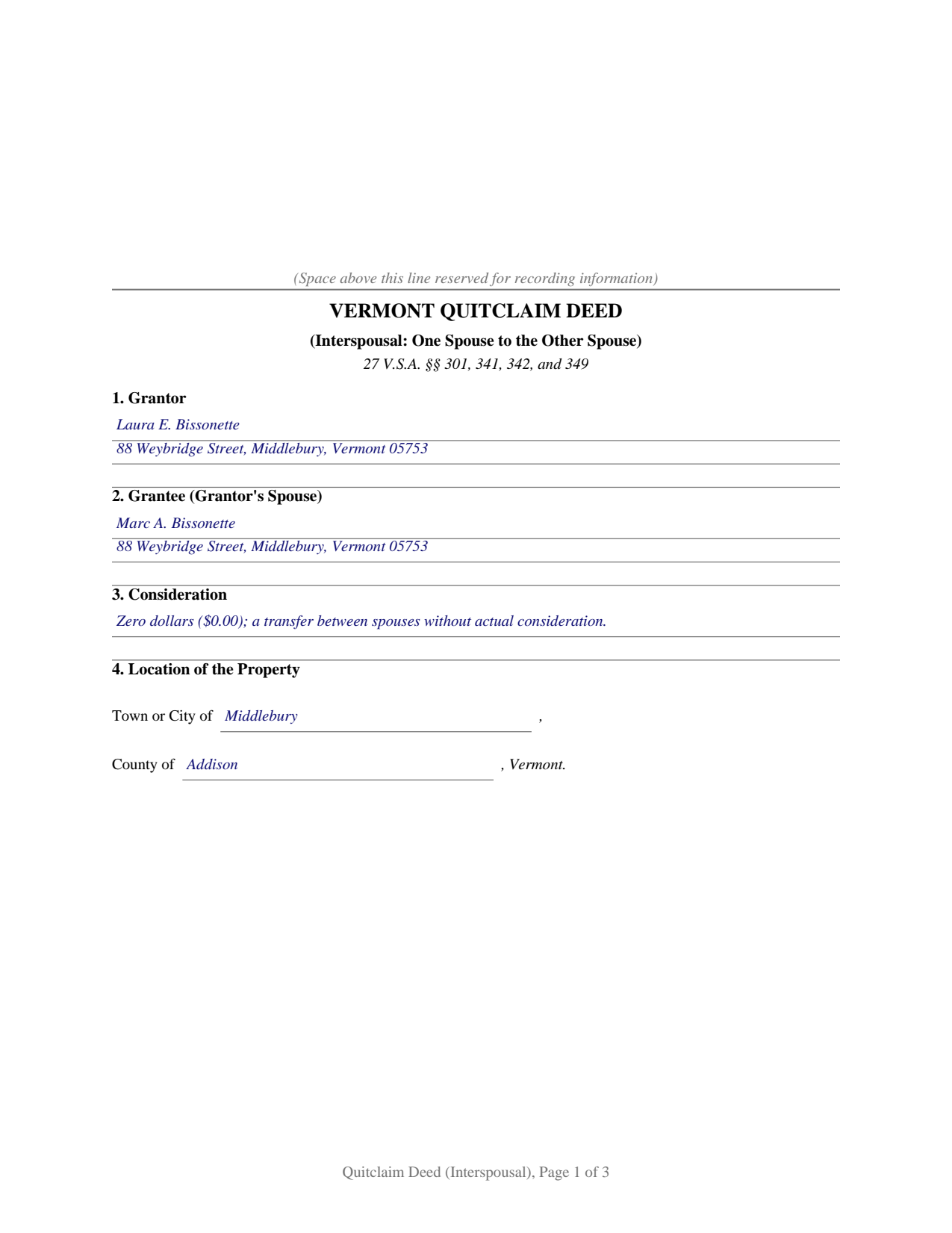 Essex County Completed Example of the Quitclaim Deed (Interspousal) Document