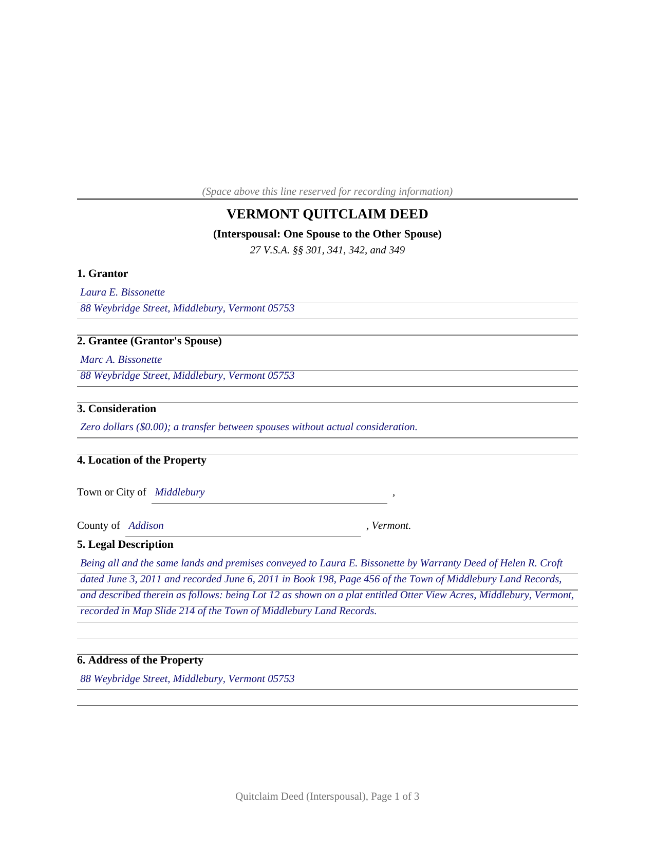 Windham County Completed Example of the Quitclaim Deed (Interspousal) Document