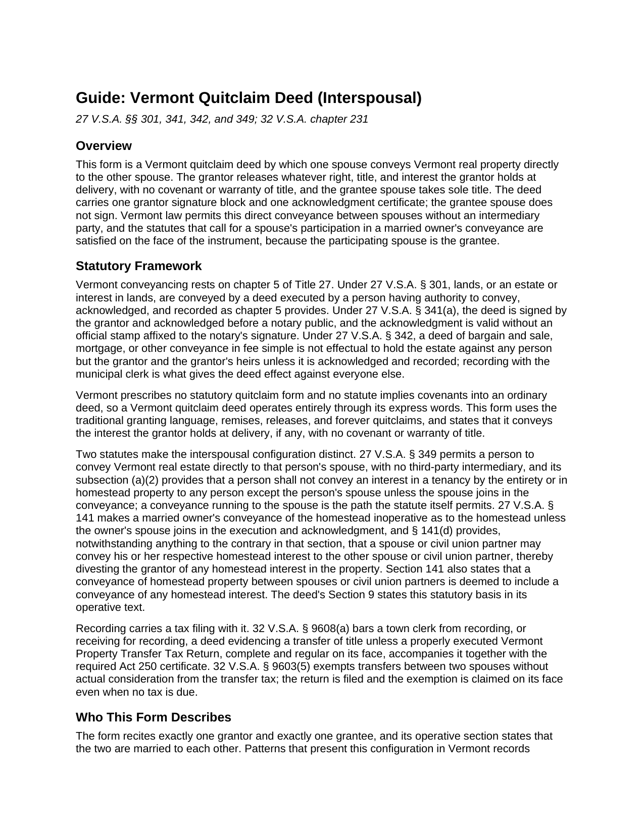 Windham County Quitclaim Deed (Interspousal) Guide