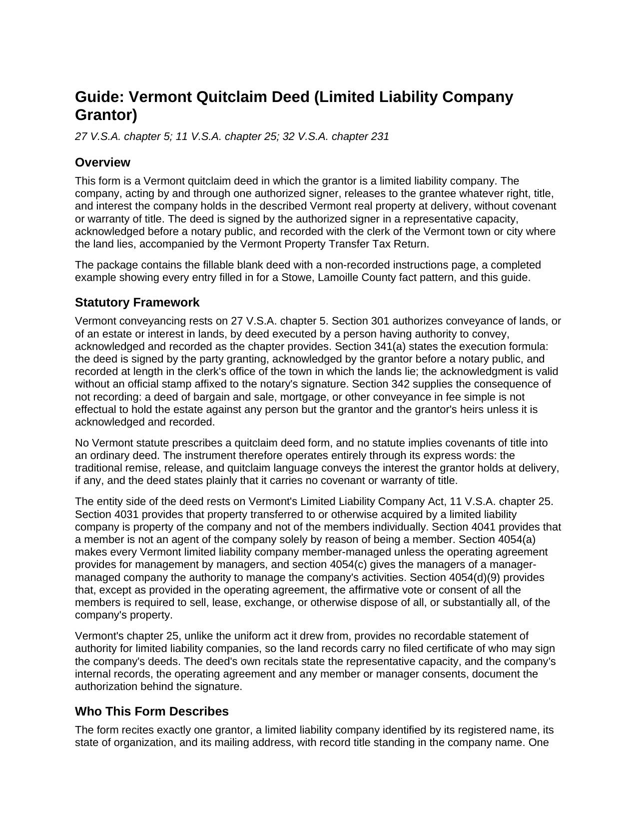 Rutland County Quitclaim Deed (LLC Grantor) Guide