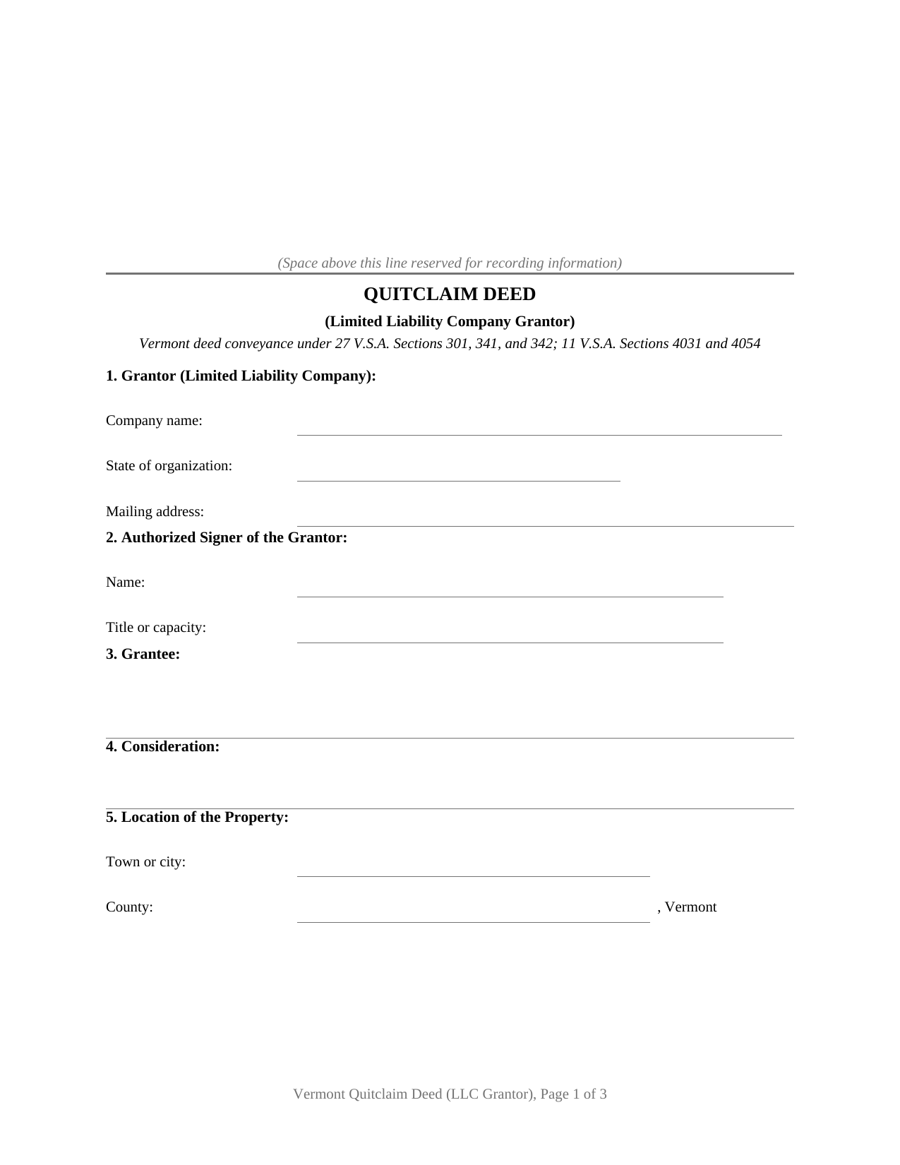 Rutland County Quitclaim Deed (LLC Grantor) Form