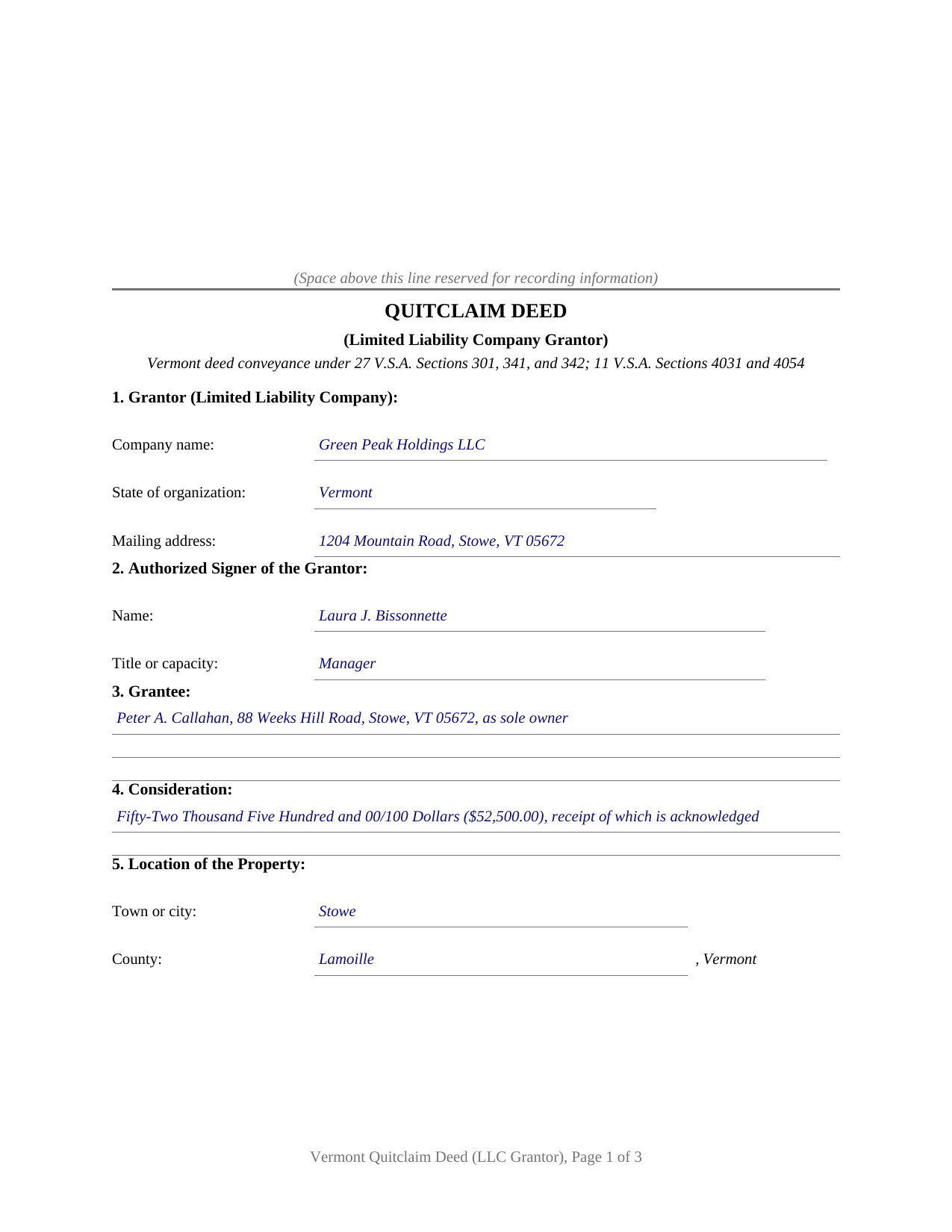 Rutland County Completed Example of the Quitclaim Deed (LLC Grantor) Document
