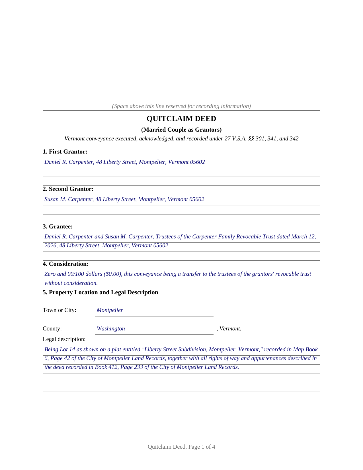 Essex County Completed Example of the Quitclaim Deed (Married Couple as Grantors) Document