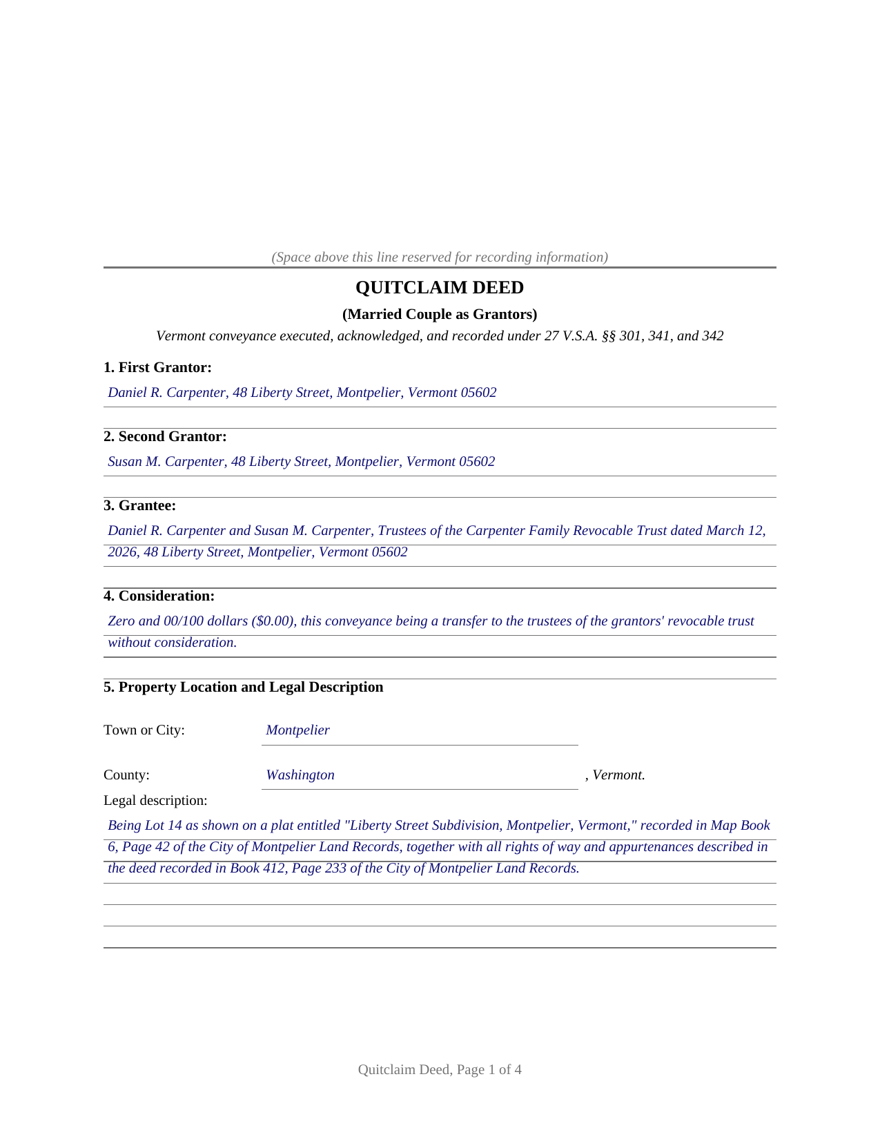 Bennington County Completed Example of the Quitclaim Deed (Married Couple as Grantors) Document