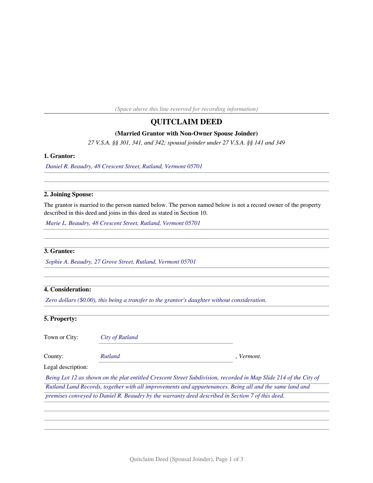 Essex County Completed Example of the Quitclaim Deed (Married Grantor with Non-Owner Spouse Joinder) Document