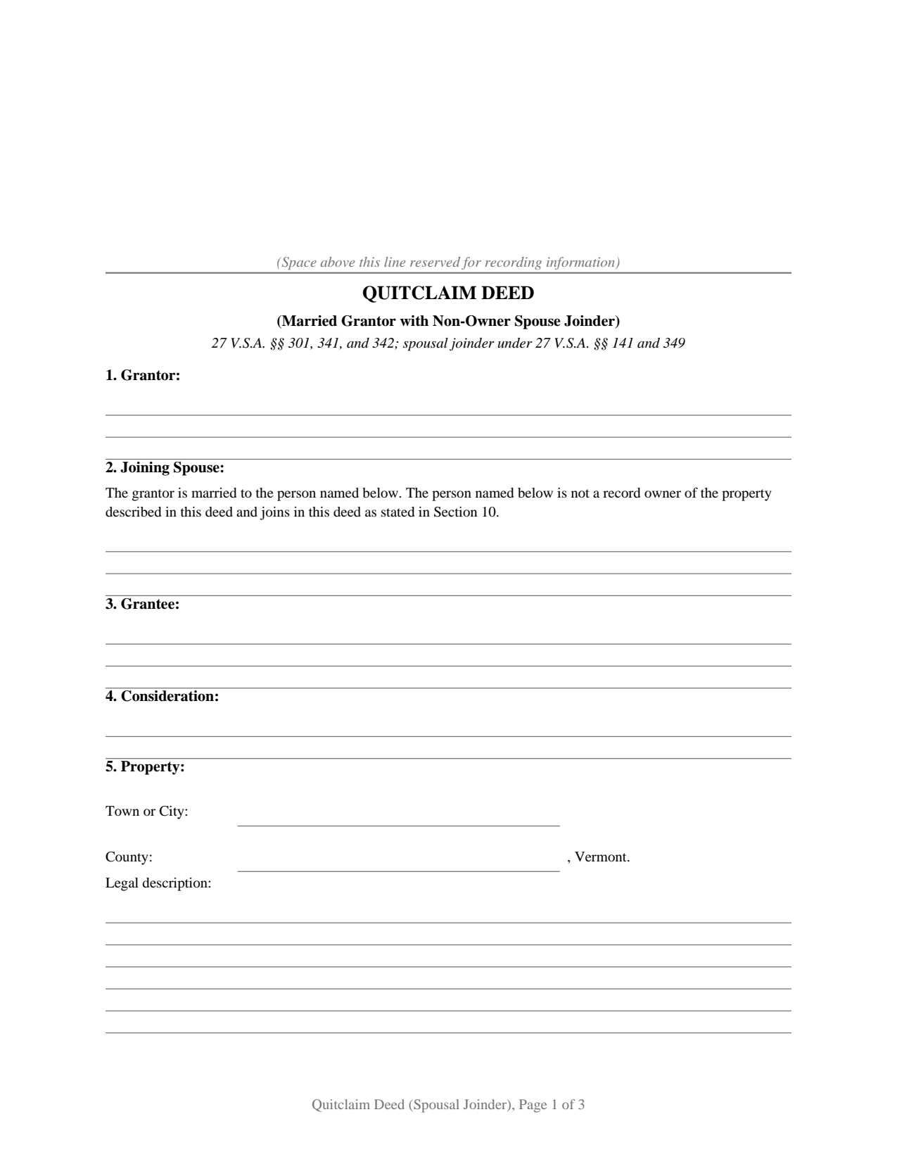 Essex County Quitclaim Deed (Married Grantor with Non-Owner Spouse Joinder) Form