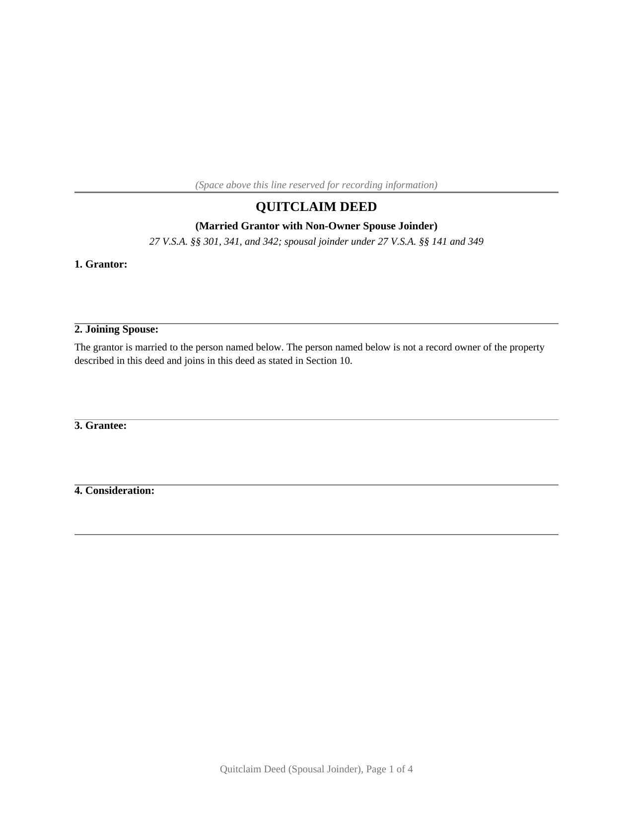 Bennington County Quitclaim Deed (Married Grantor with Non-Owner Spouse Joinder) Form