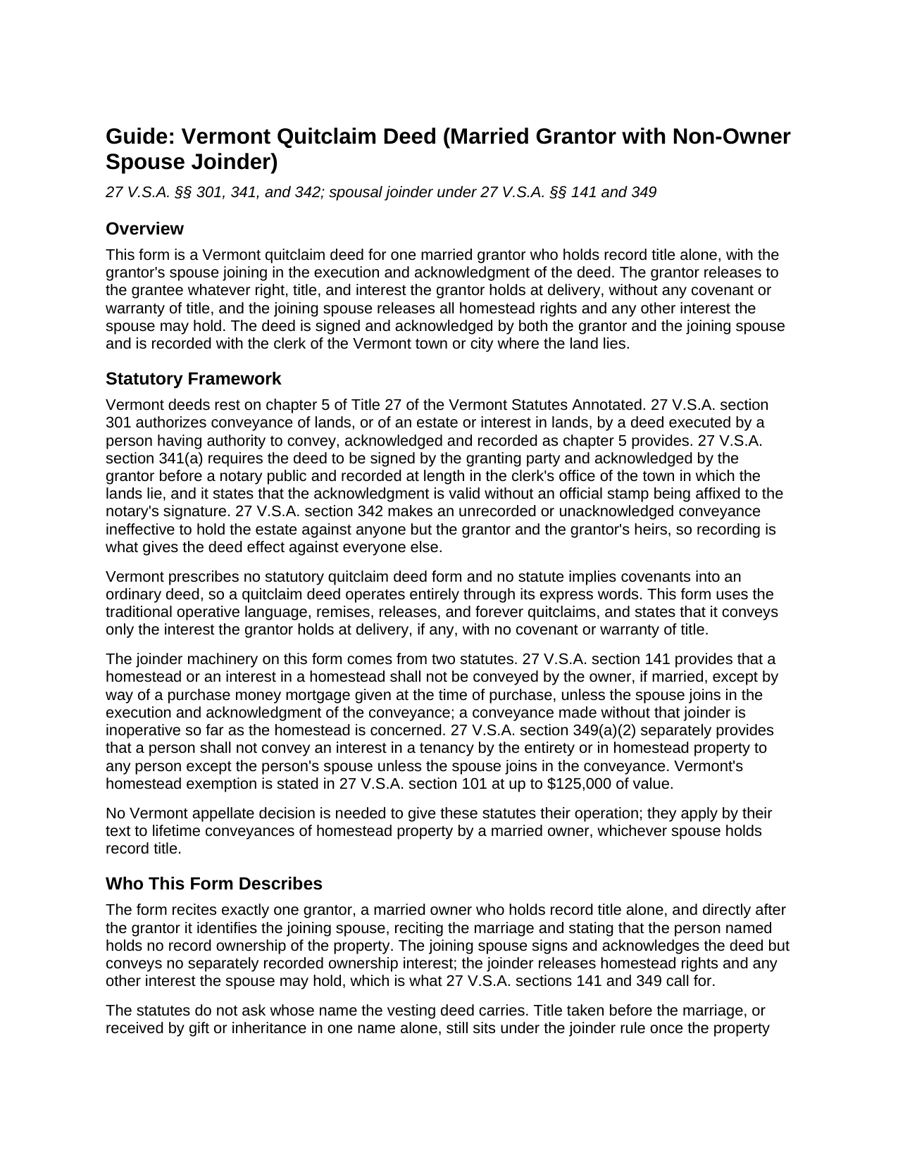Bennington County Quitclaim Deed (Married Grantor with Non-Owner Spouse Joinder) Guide