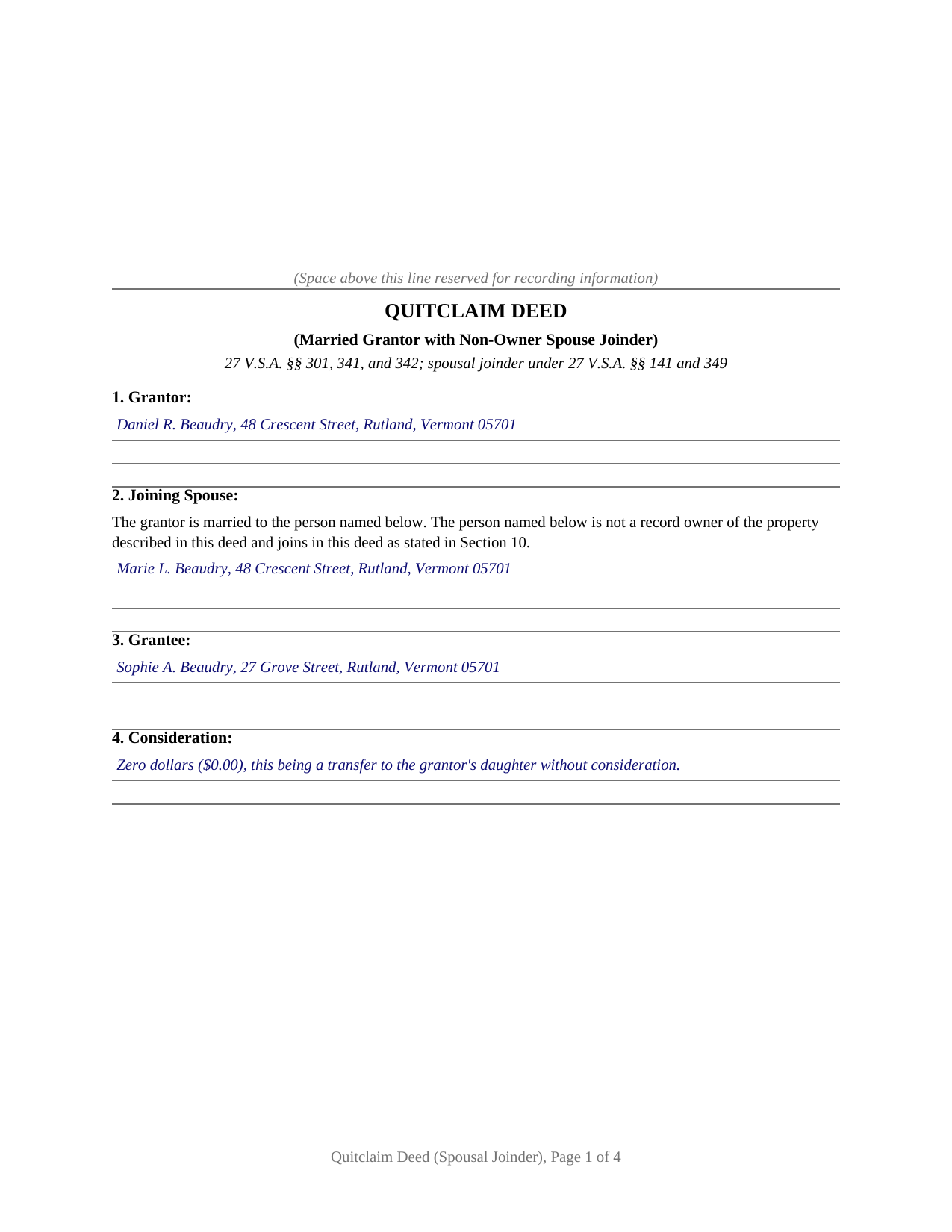Bennington County Completed Example of the Quitclaim Deed (Married Grantor with Non-Owner Spouse Joinder) Document