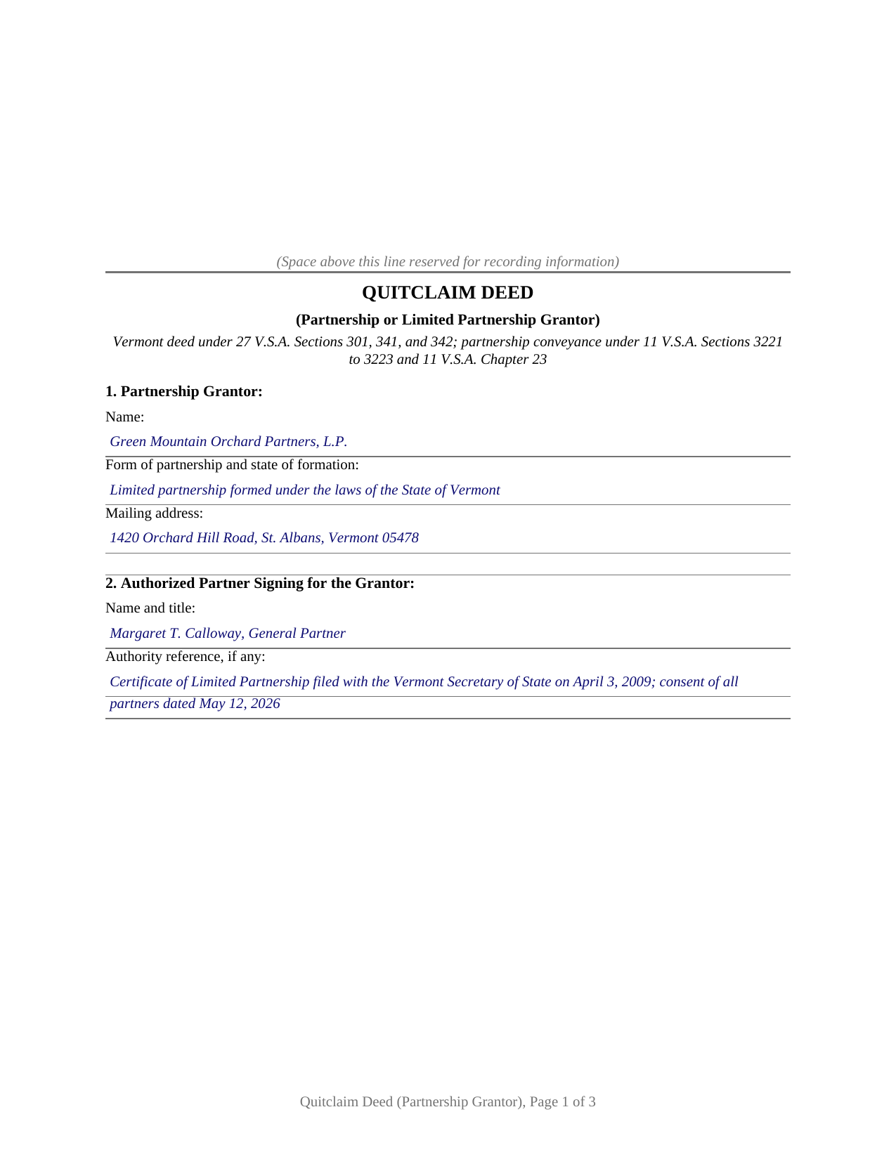 Essex County Completed Example of the Quitclaim Deed (Partnership or Limited Partnership Grantor) Document
