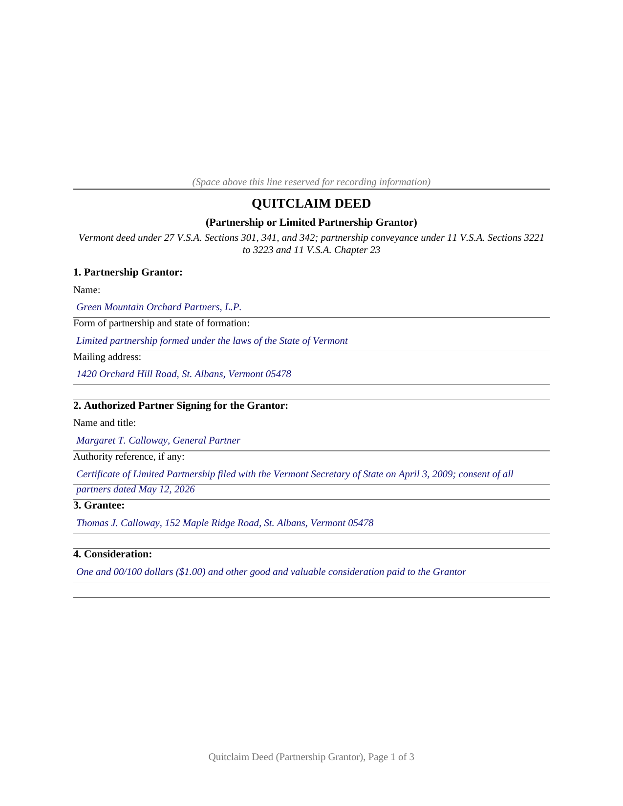 Orange County Completed Example of the Quitclaim Deed (Partnership or Limited Partnership Grantor) Document