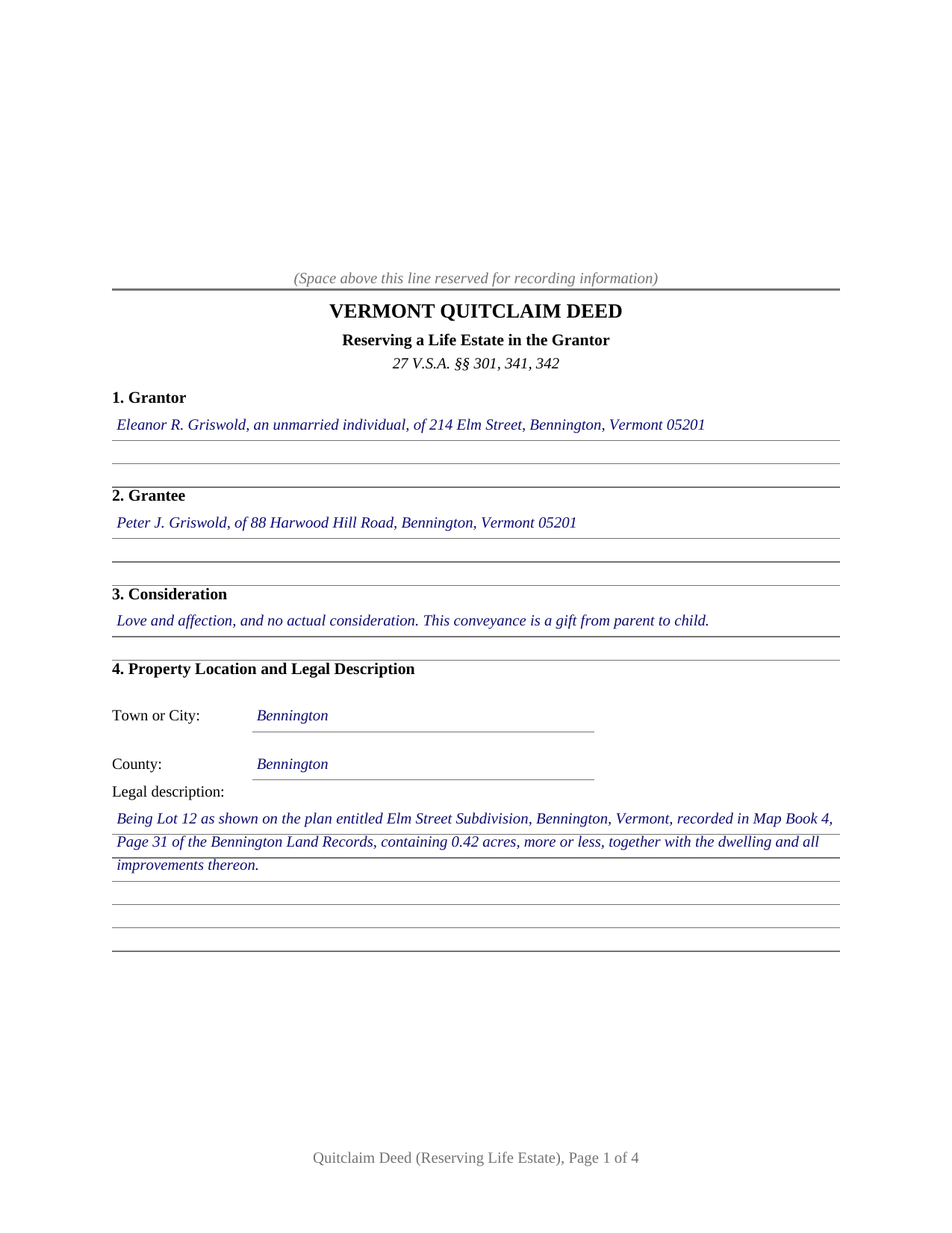 Windham County Completed Example of the Quitclaim Deed (Reserving Life Estate) Document