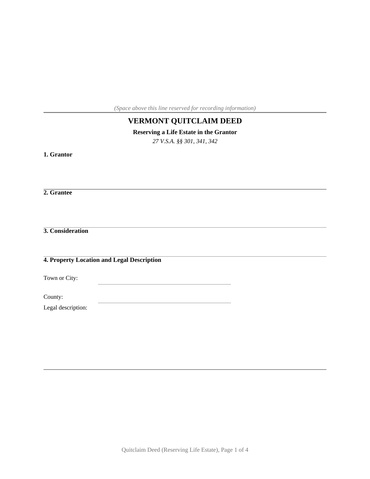 Windham County Quitclaim Deed (Reserving Life Estate) Form