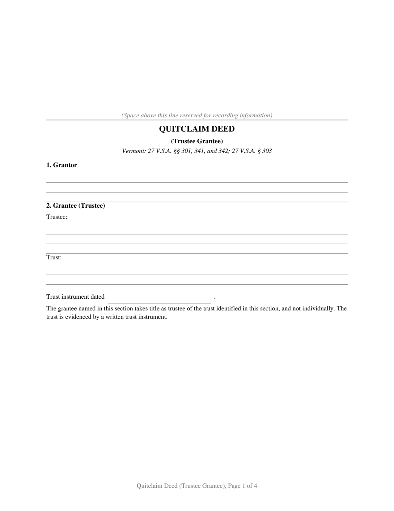 Essex County Quitclaim Deed (Trustee Grantee) Form