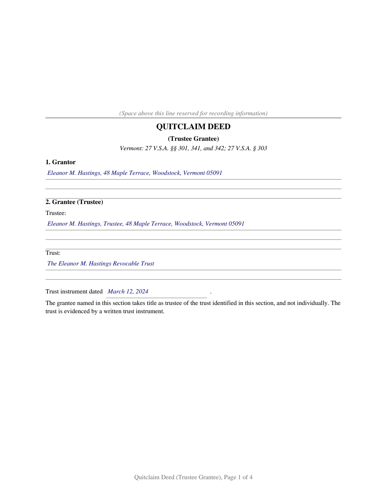 Essex County Completed Example of the Quitclaim Deed (Trustee Grantee) Document