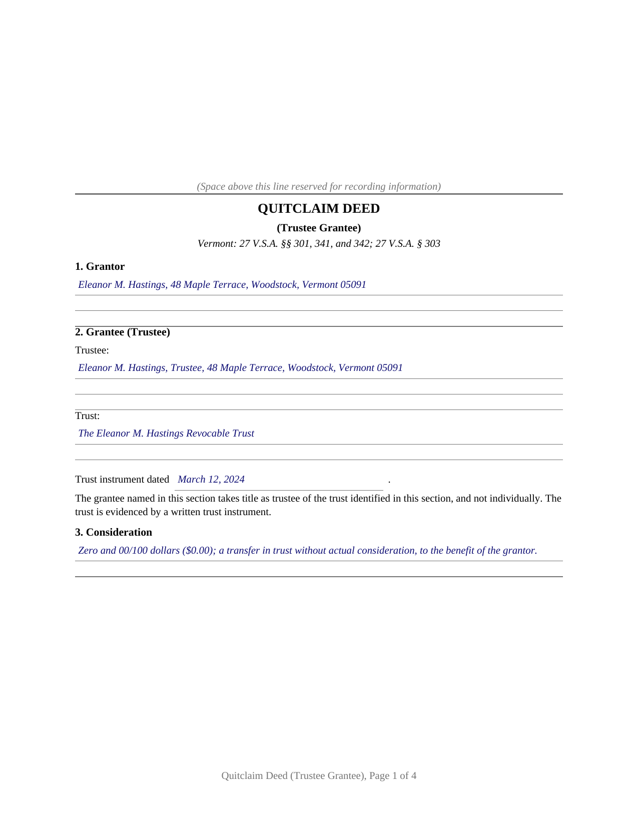 Windham County Completed Example of the Quitclaim Deed (Trustee Grantee) Document