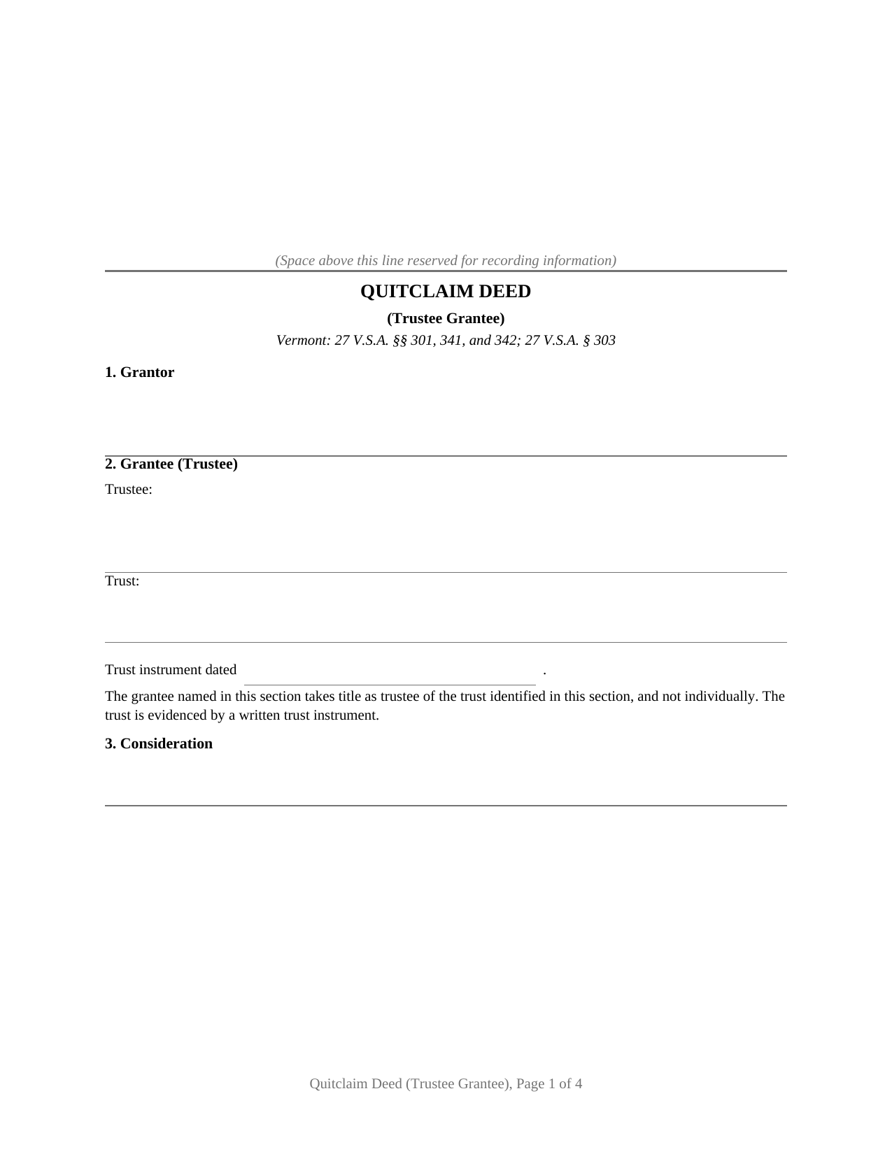 Windham County Quitclaim Deed (Trustee Grantee) Form