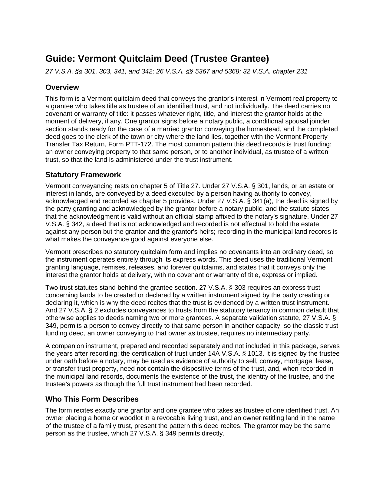 Windham County Quitclaim Deed (Trustee Grantee) Guide