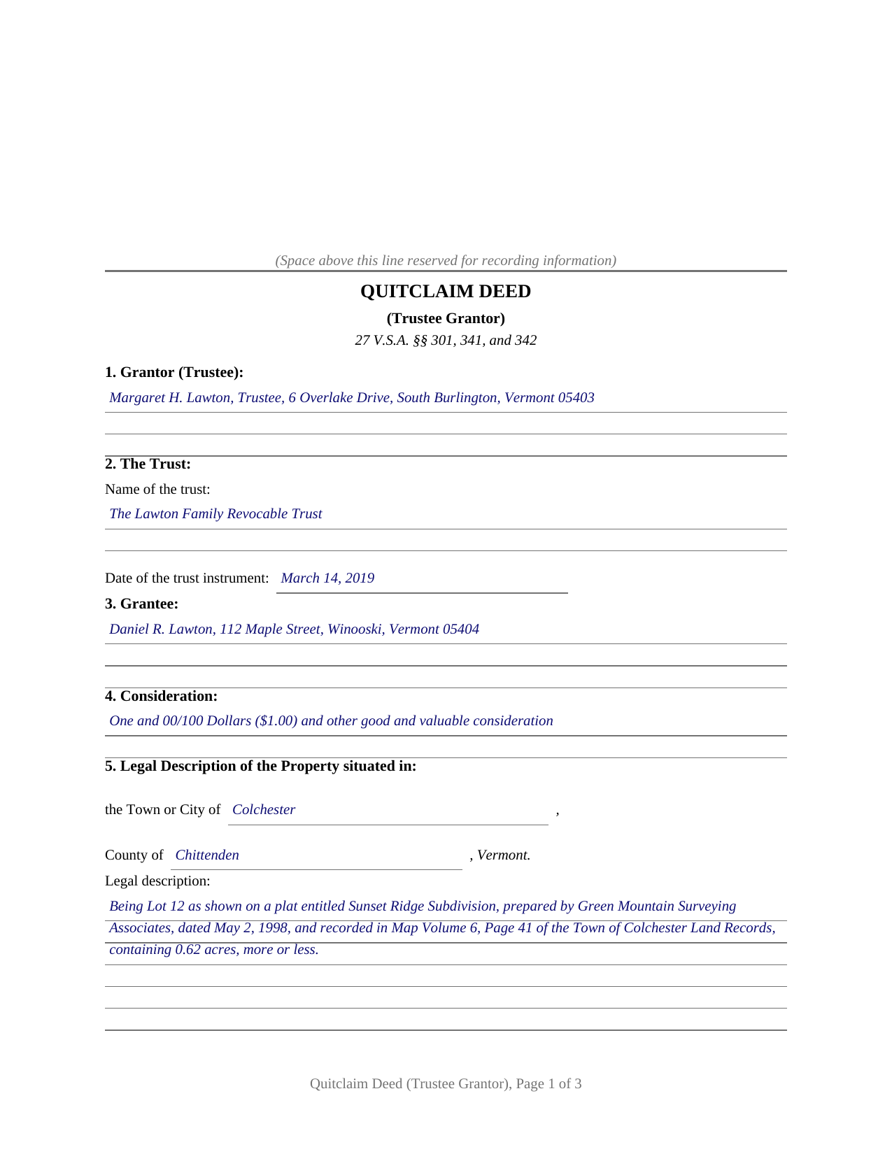 Chittenden County Completed Example of the Quitclaim Deed (Trustee Grantor) Document