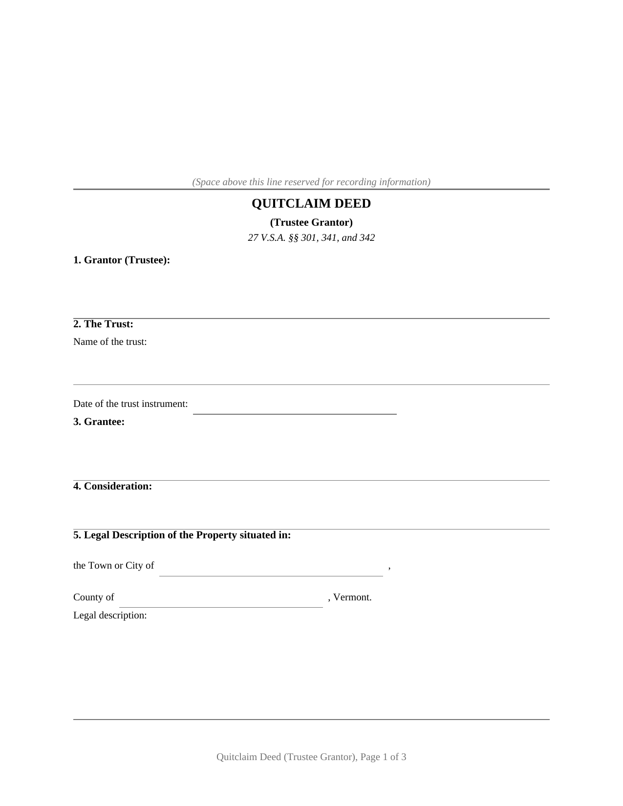 Chittenden County Quitclaim Deed (Trustee Grantor) Form