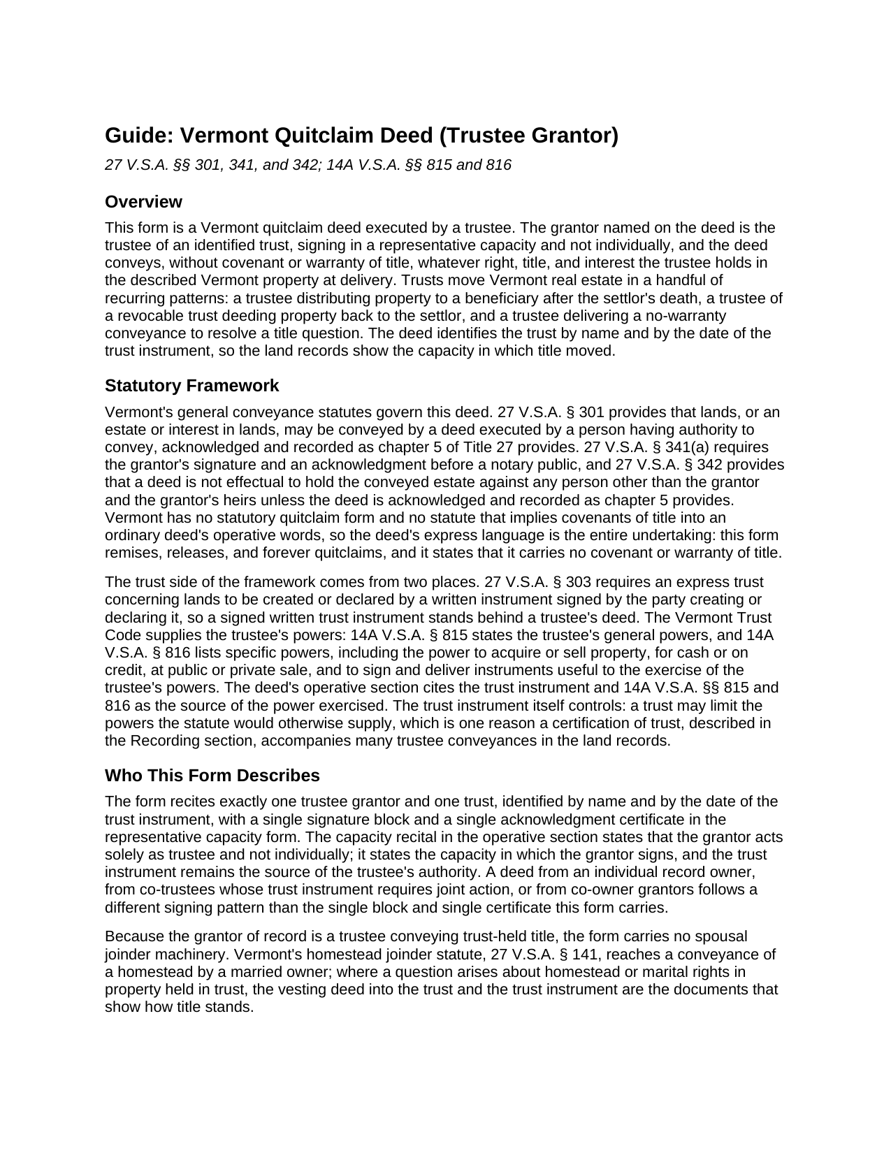 Chittenden County Quitclaim Deed (Trustee Grantor) Guide