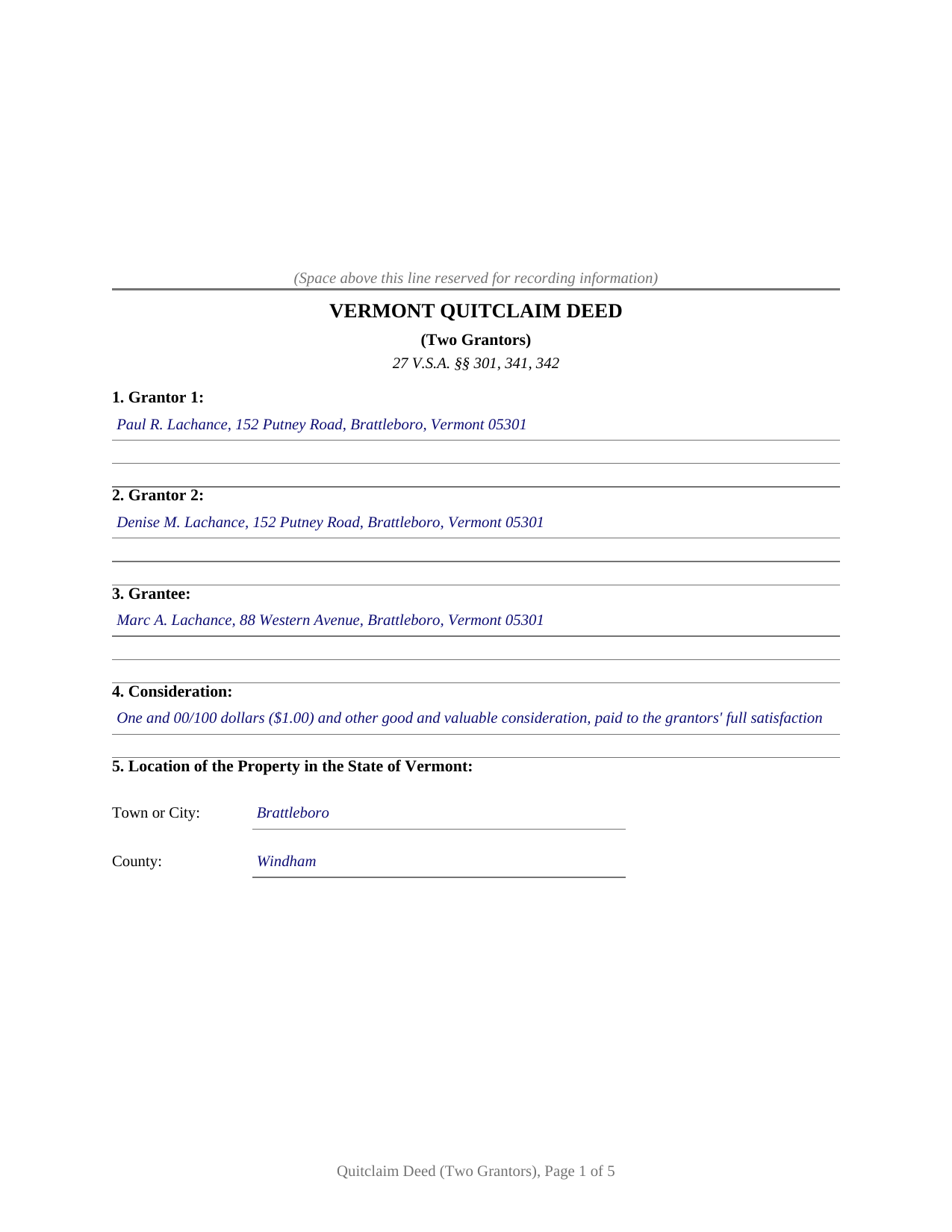 Essex County Completed Example of the Quitclaim Deed (Two Grantors) Document