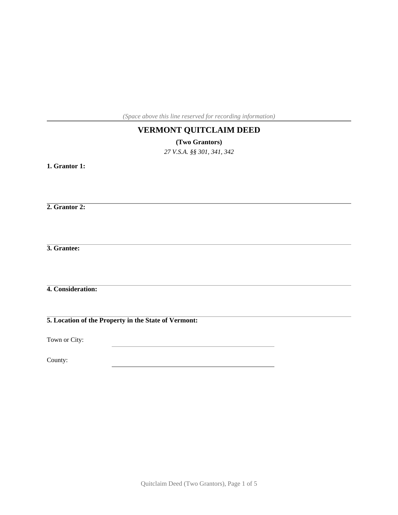 Bennington County Quitclaim Deed (Two Grantors) Form