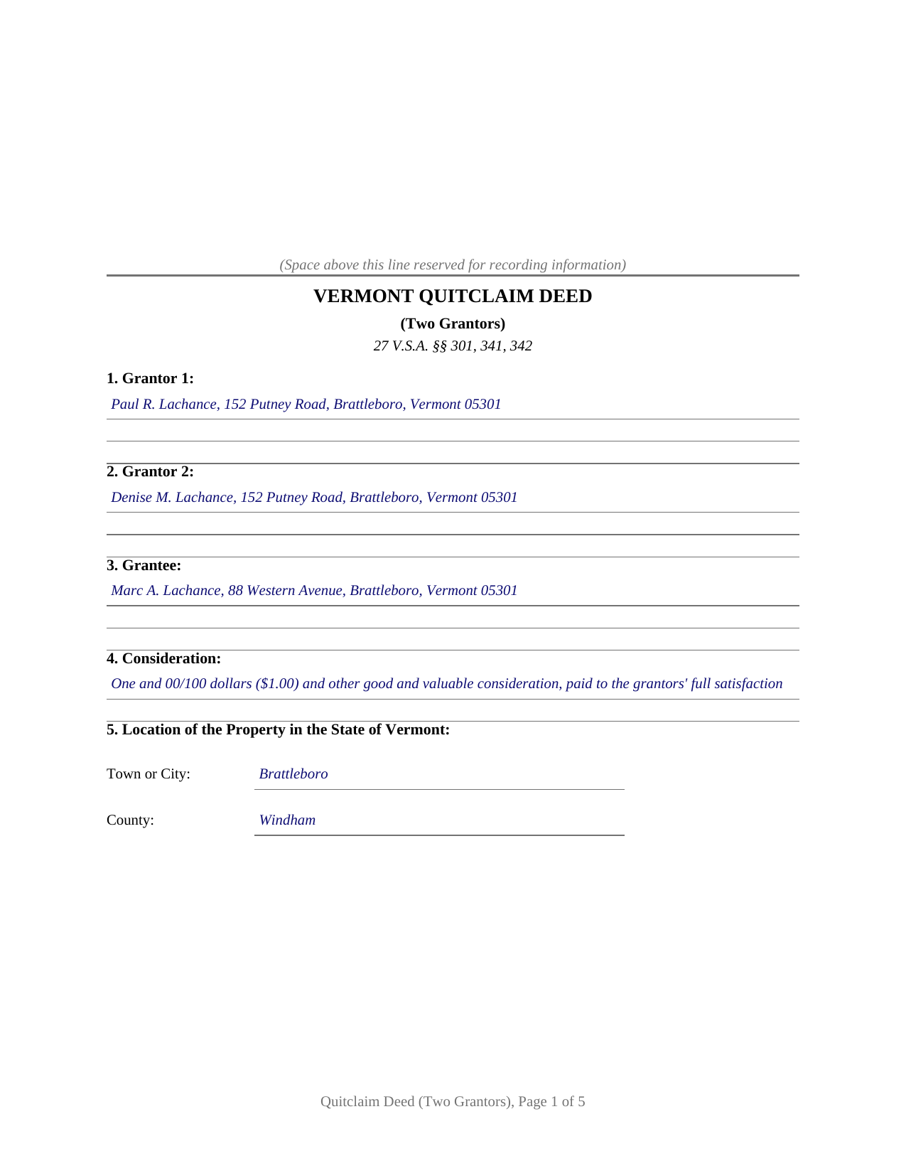 Bennington County Completed Example of the Quitclaim Deed (Two Grantors) Document