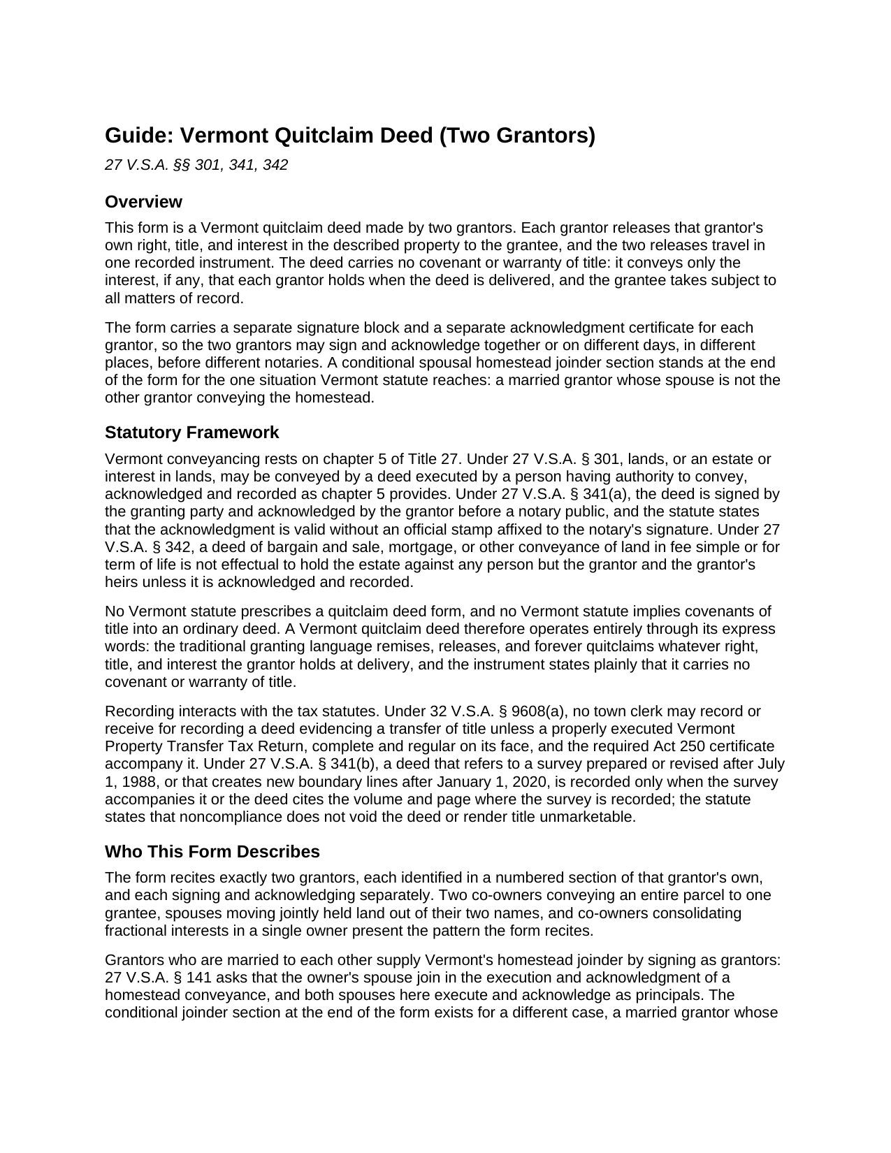 Bennington County Quitclaim Deed (Two Grantors) Guide