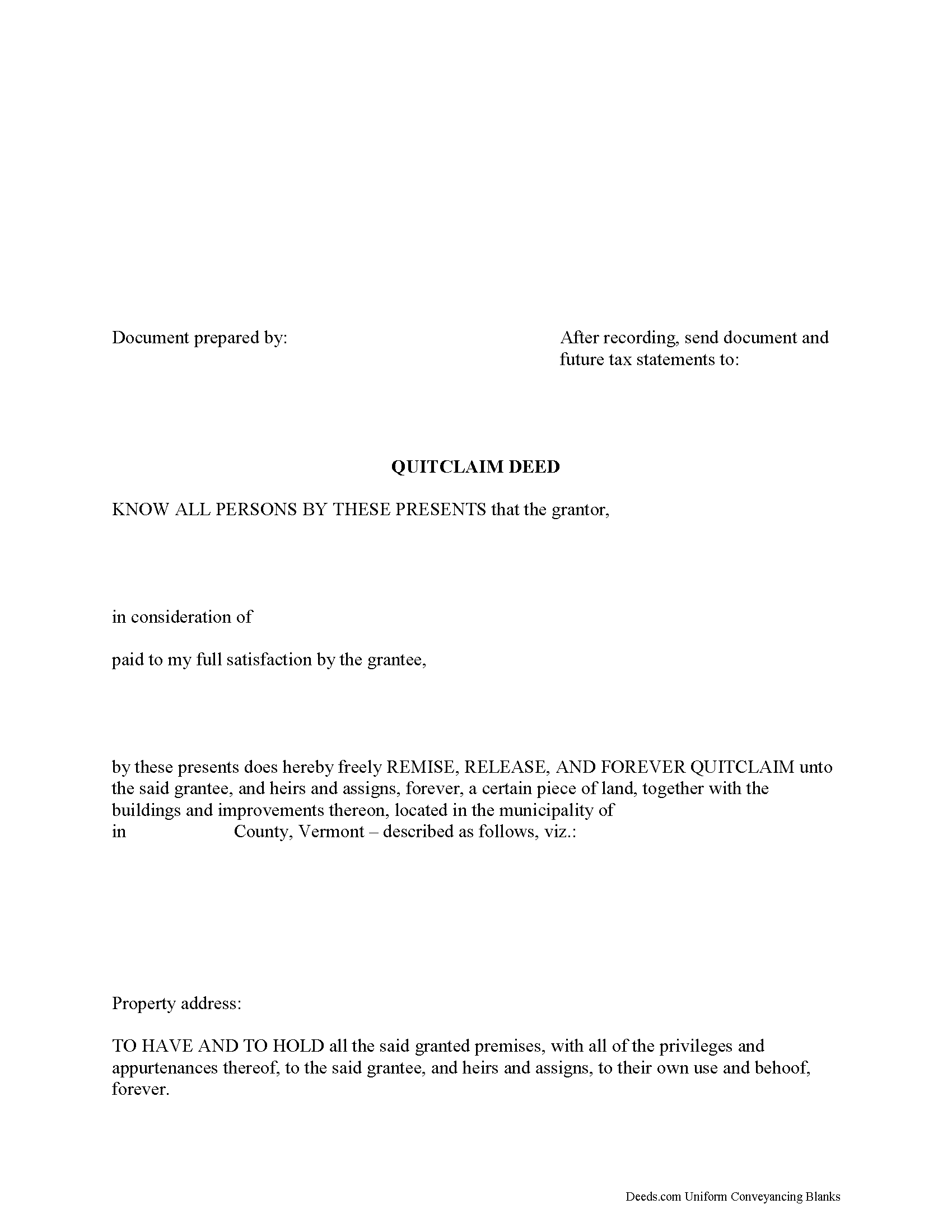 Addison County Quitclaim Deed Form