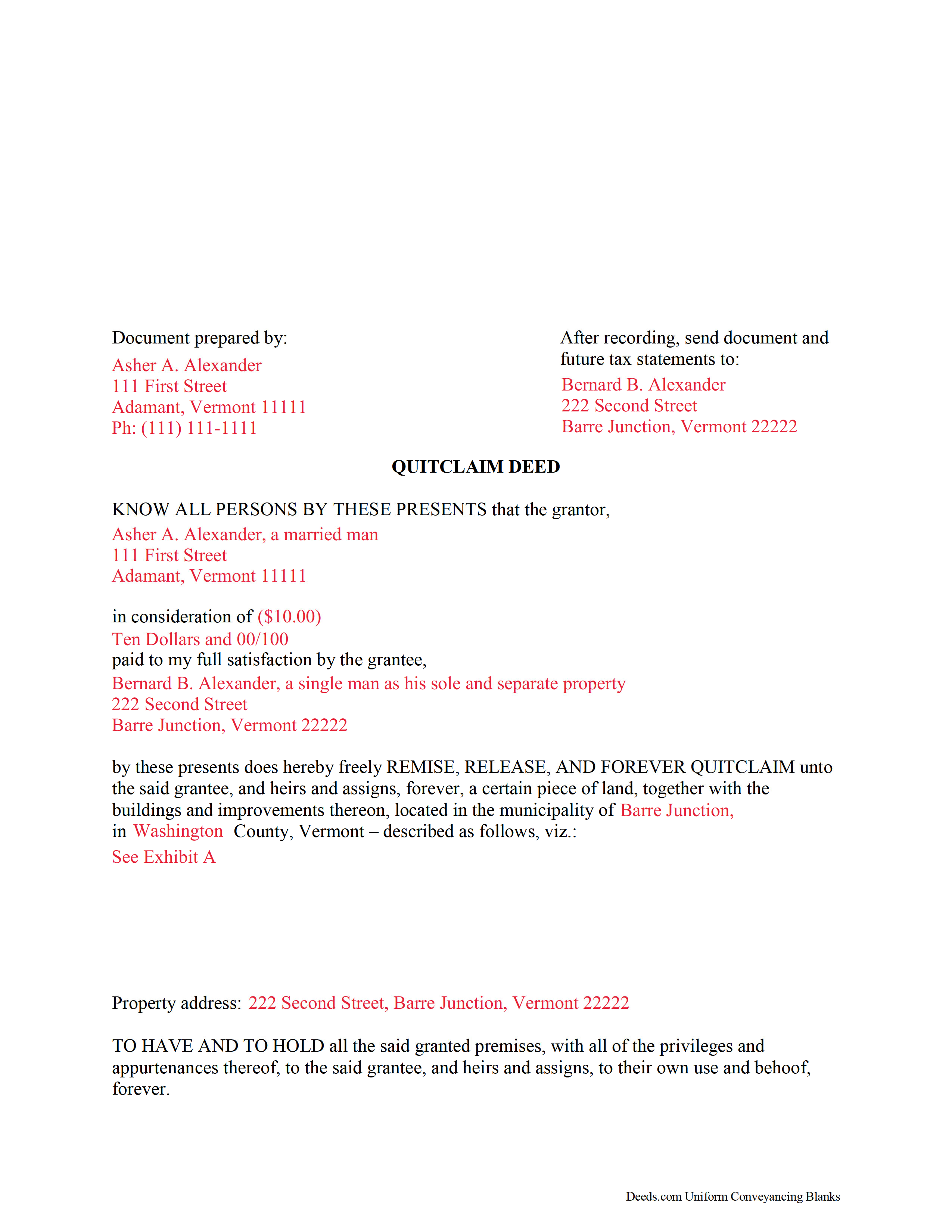 Addison County Completed Example of the Quitclaim Deed Document