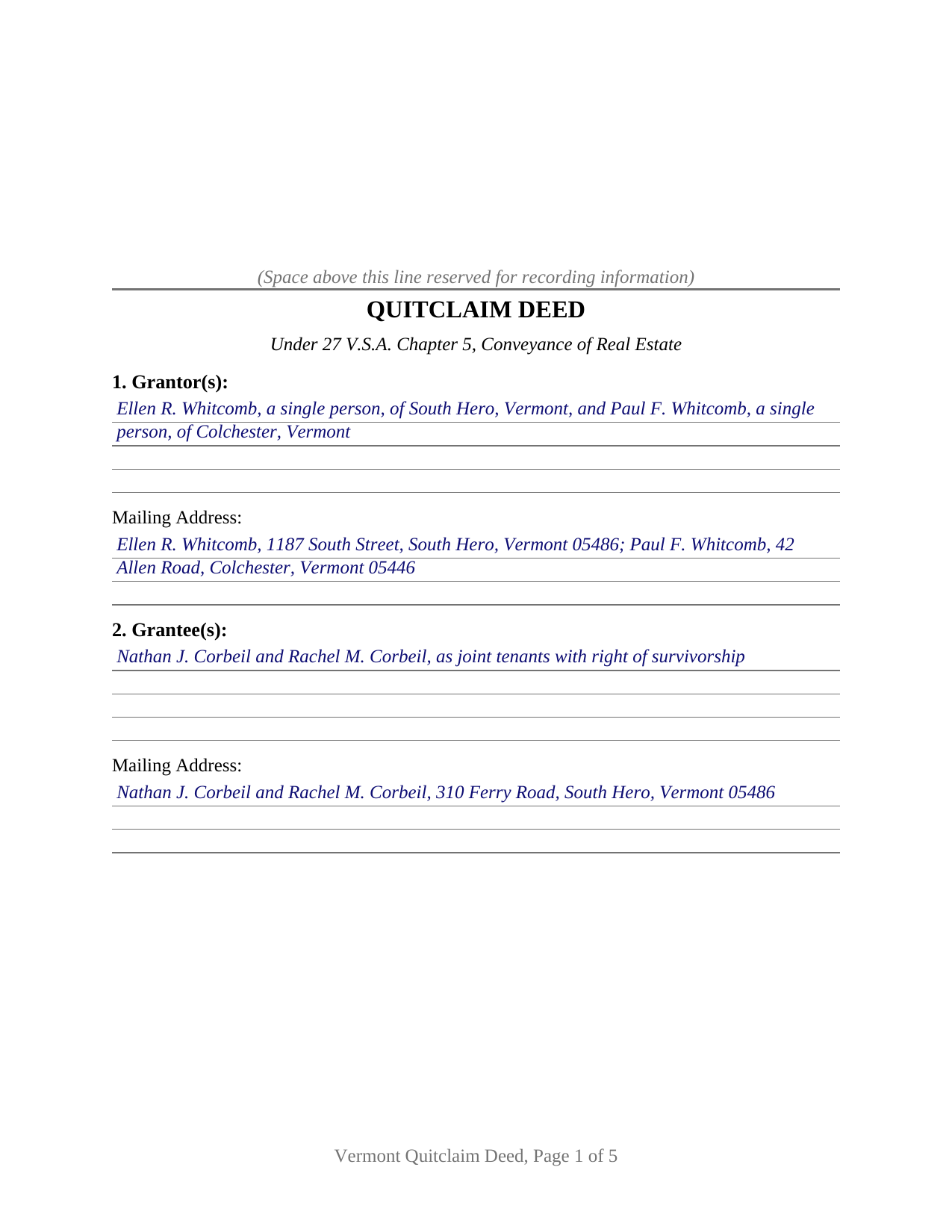 Bennington County Completed Example of the Quitclaim Deed Document