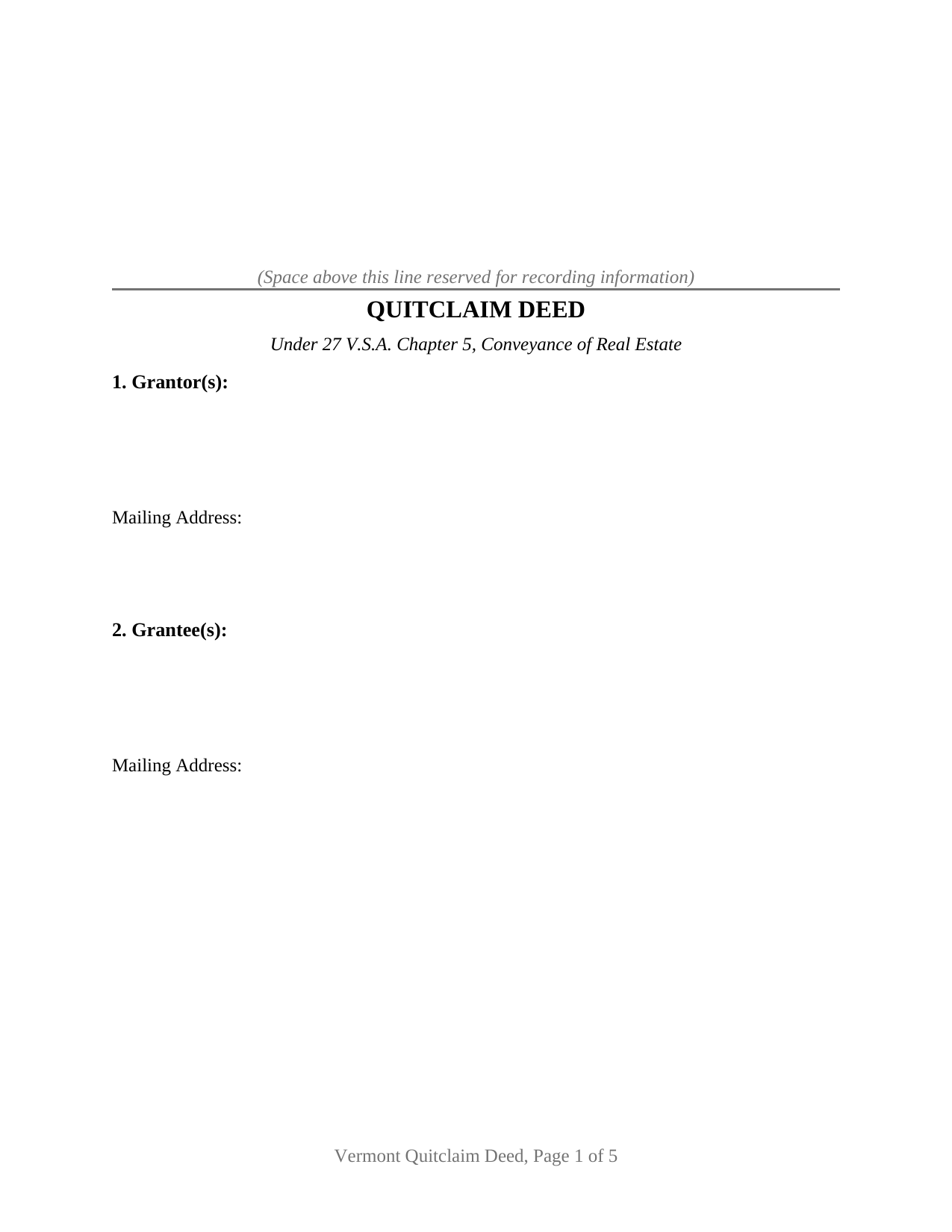 Bennington County Quitclaim Deed Form
