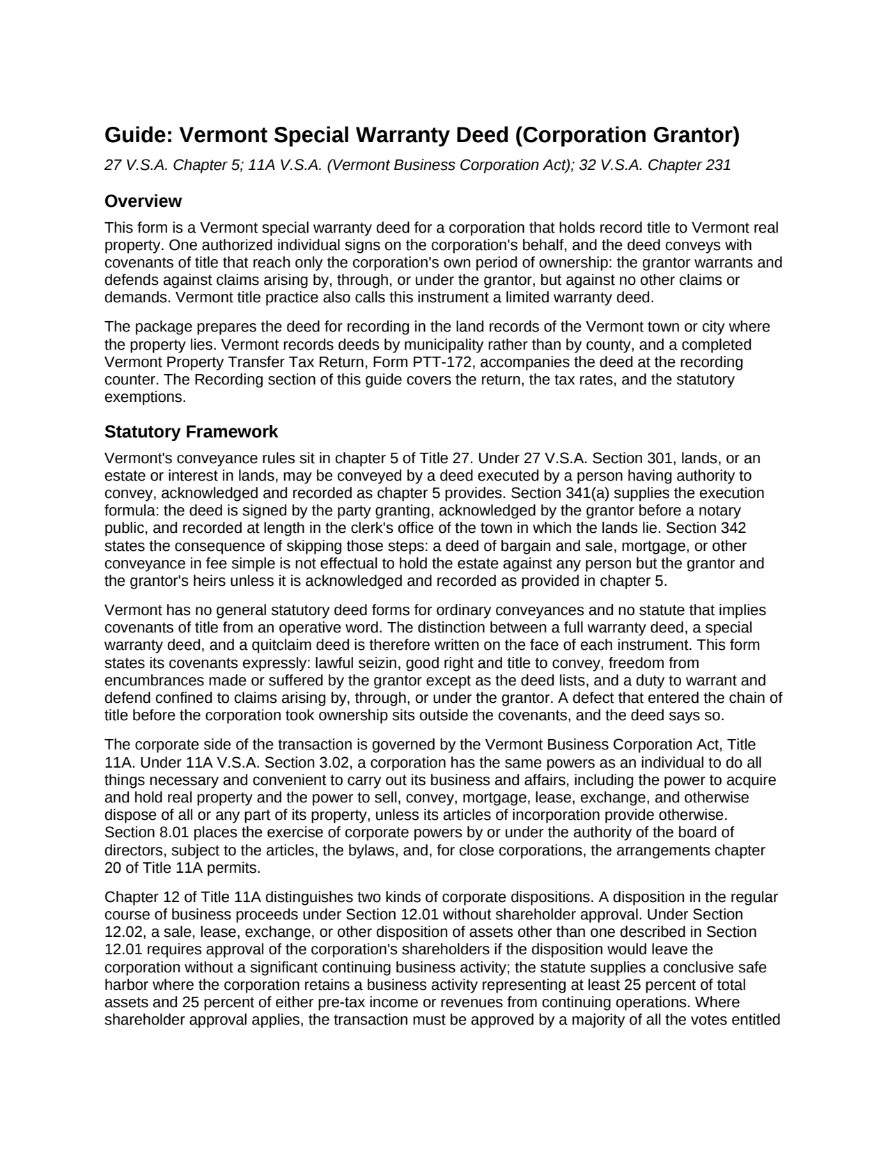 Caledonia County Special Warranty Deed (Corporation Grantor) Guide