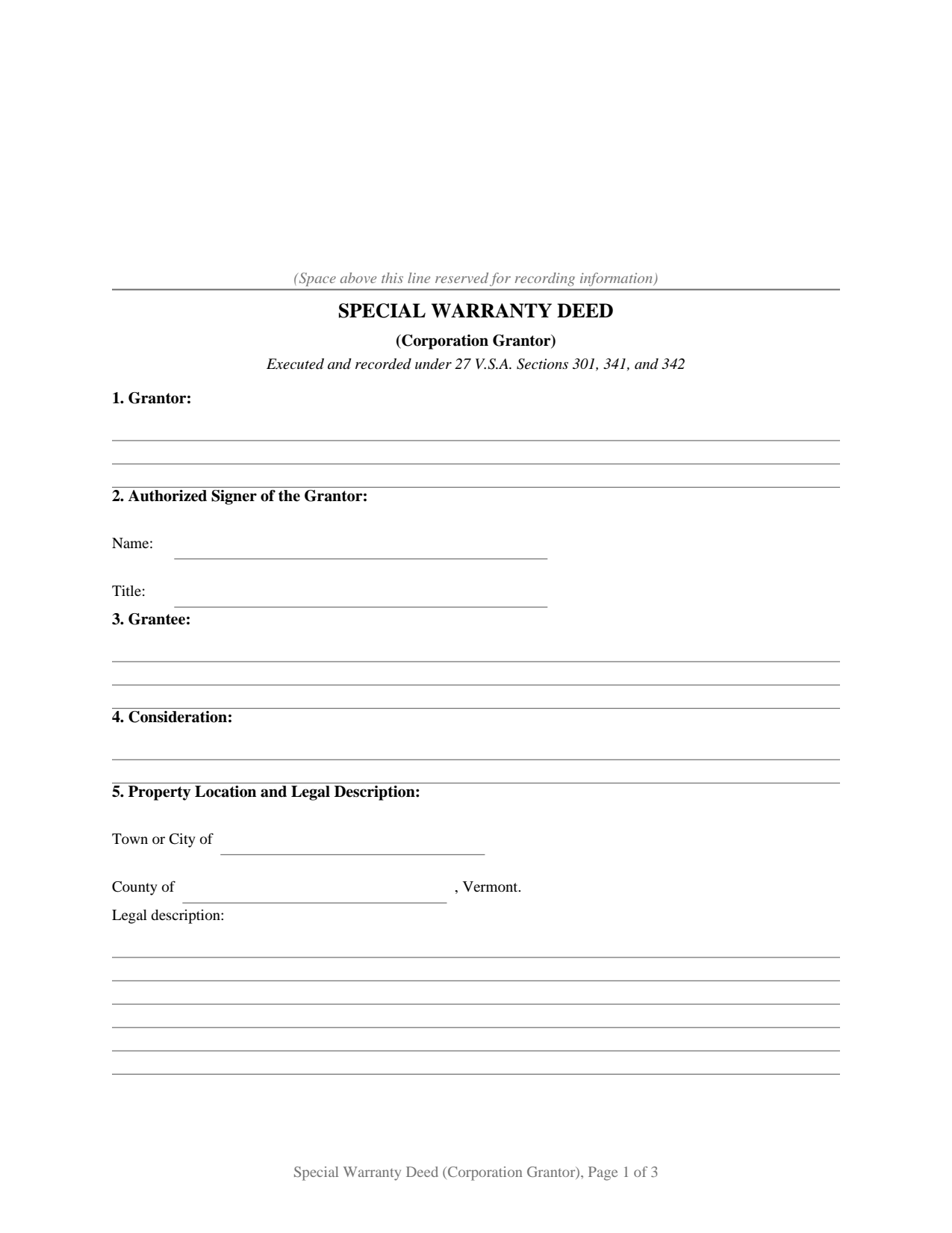 Caledonia County Special Warranty Deed (Corporation Grantor) Form