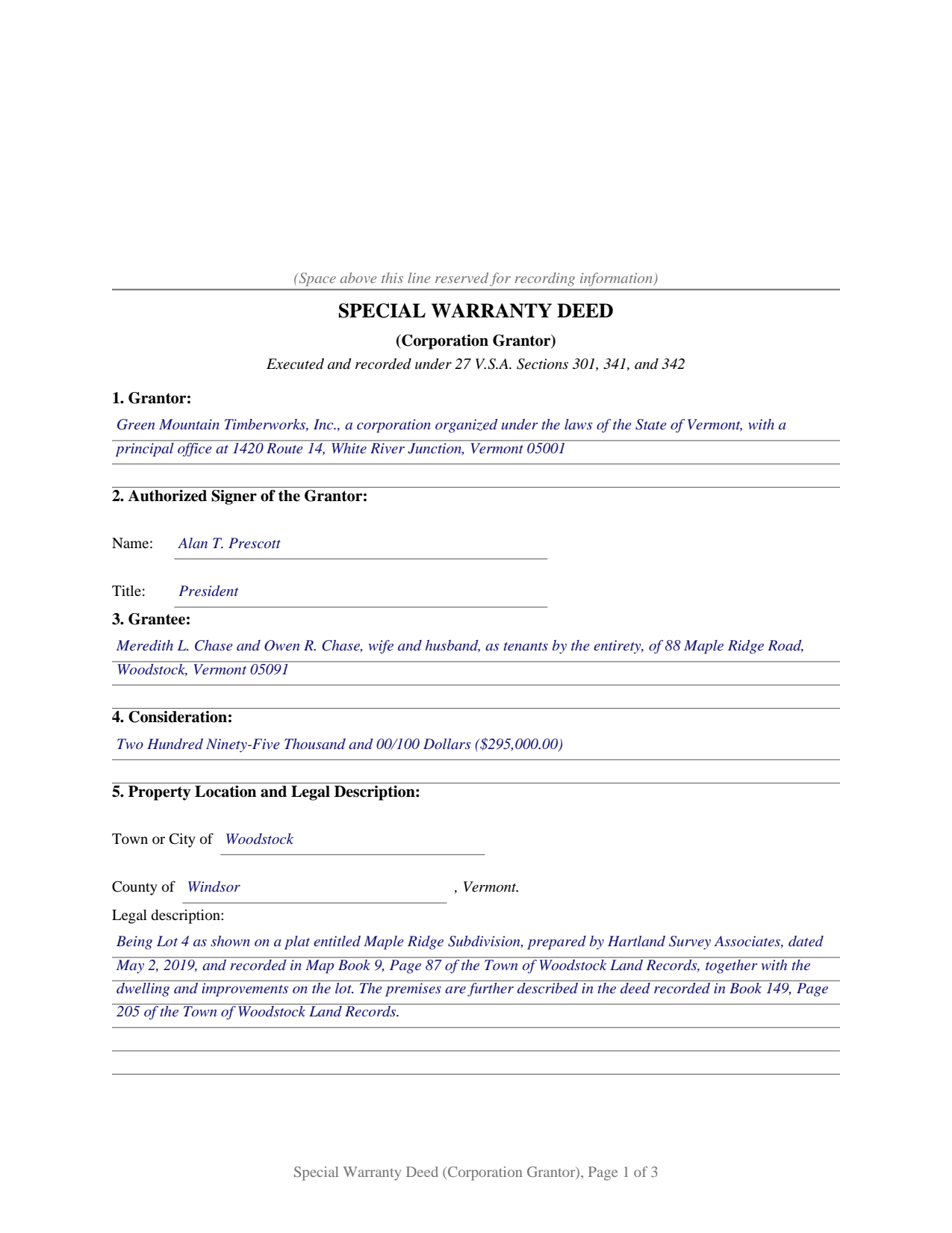 Caledonia County Completed Example of the Special Warranty Deed (Corporation Grantor) Document