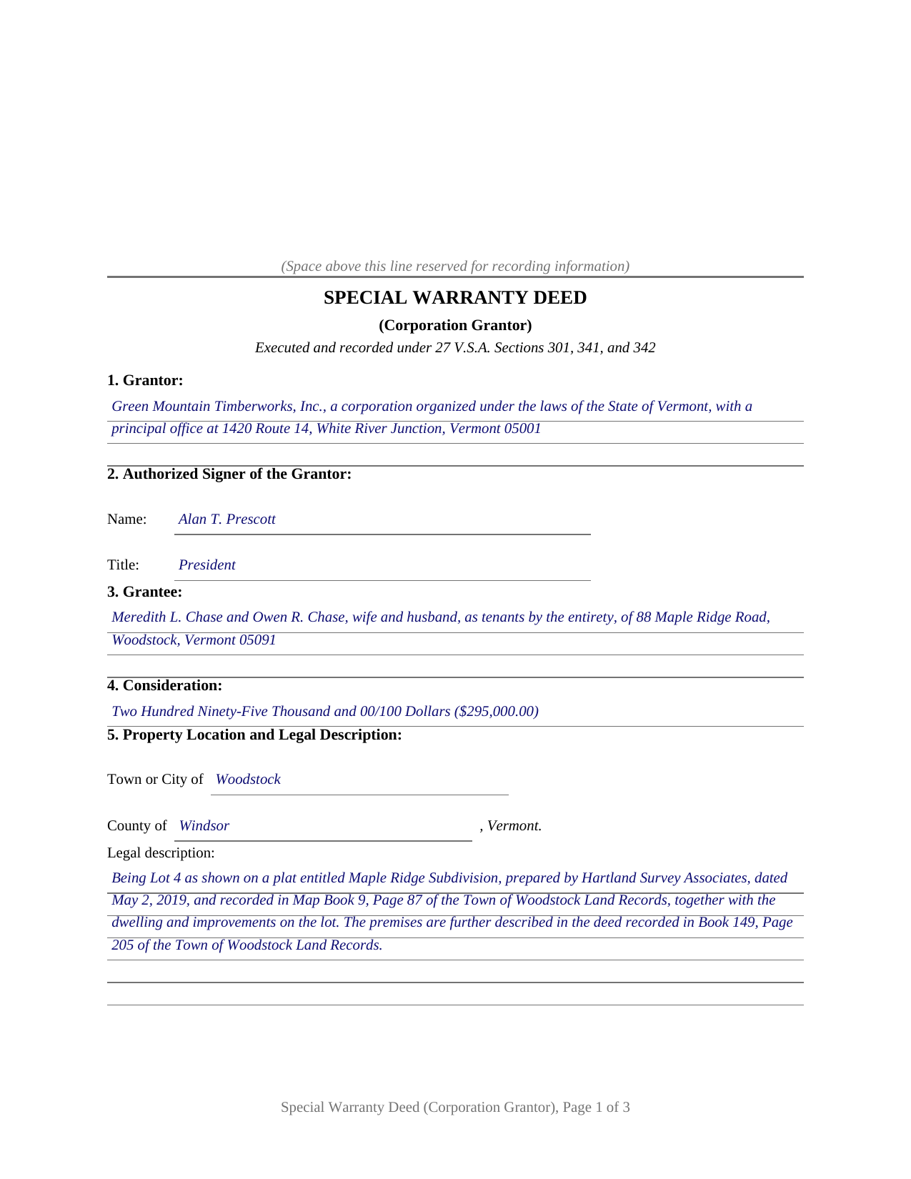 Chittenden County Completed Example of the Special Warranty Deed (Corporation Grantor) Document