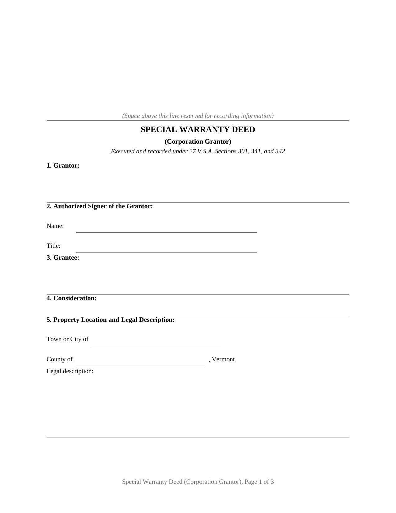 Chittenden County Special Warranty Deed (Corporation Grantor) Form