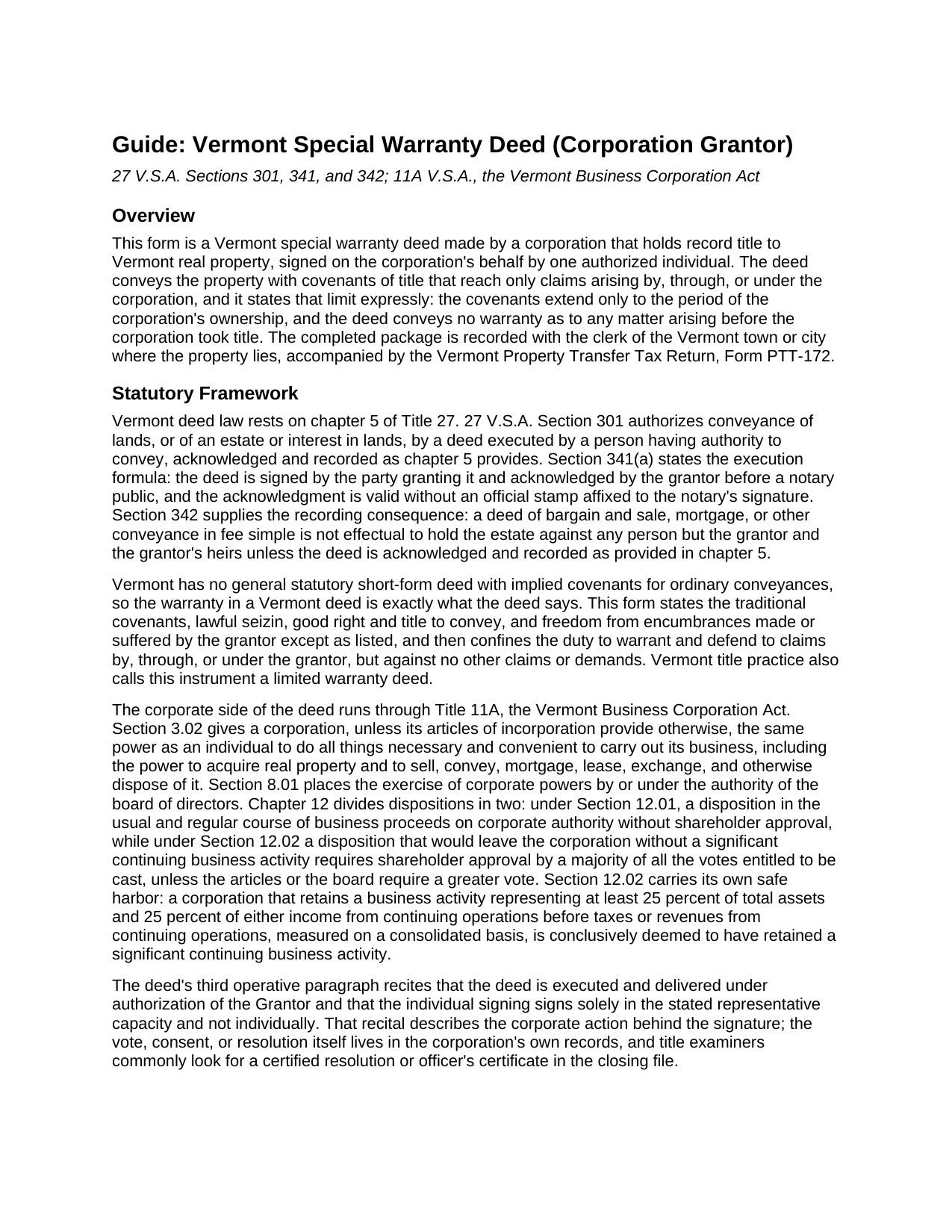 Chittenden County Special Warranty Deed (Corporation Grantor) Guide