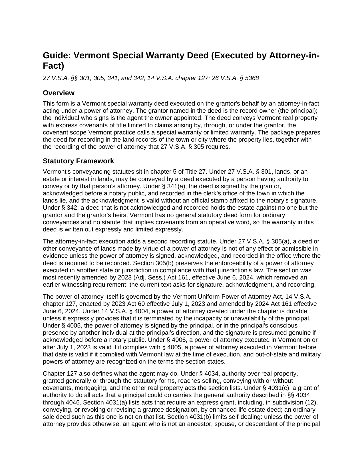 Caledonia County Special Warranty Deed (Executed by Attorney-in-Fact) Guide