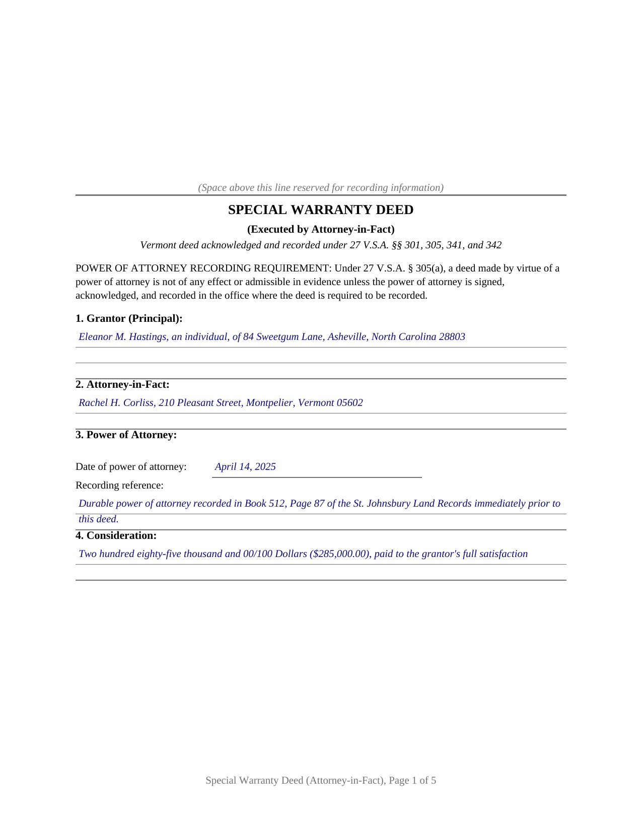 Orange County Completed Example of the Special Warranty Deed (Executed by Attorney-in-Fact) Document