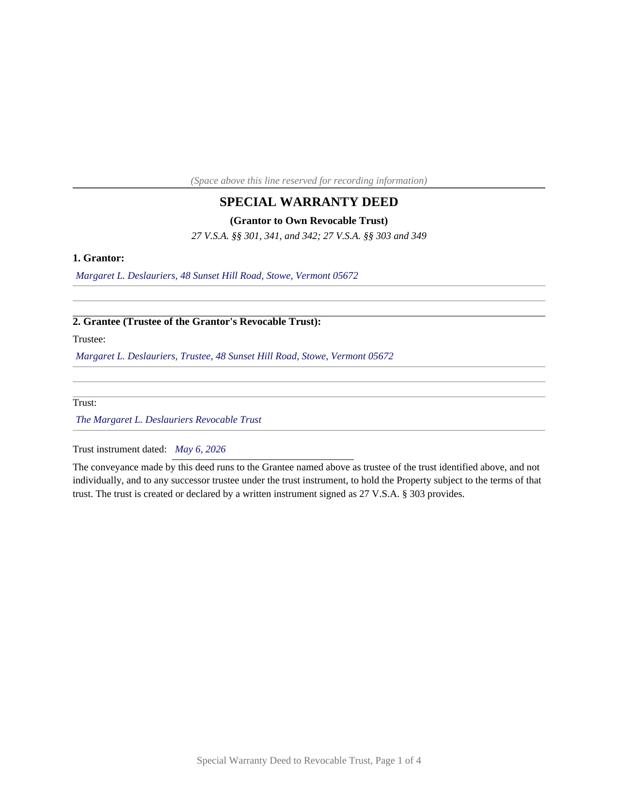 Caledonia County Completed Example of the Special Warranty Deed (Grantor to Own Revocable Trust) Document